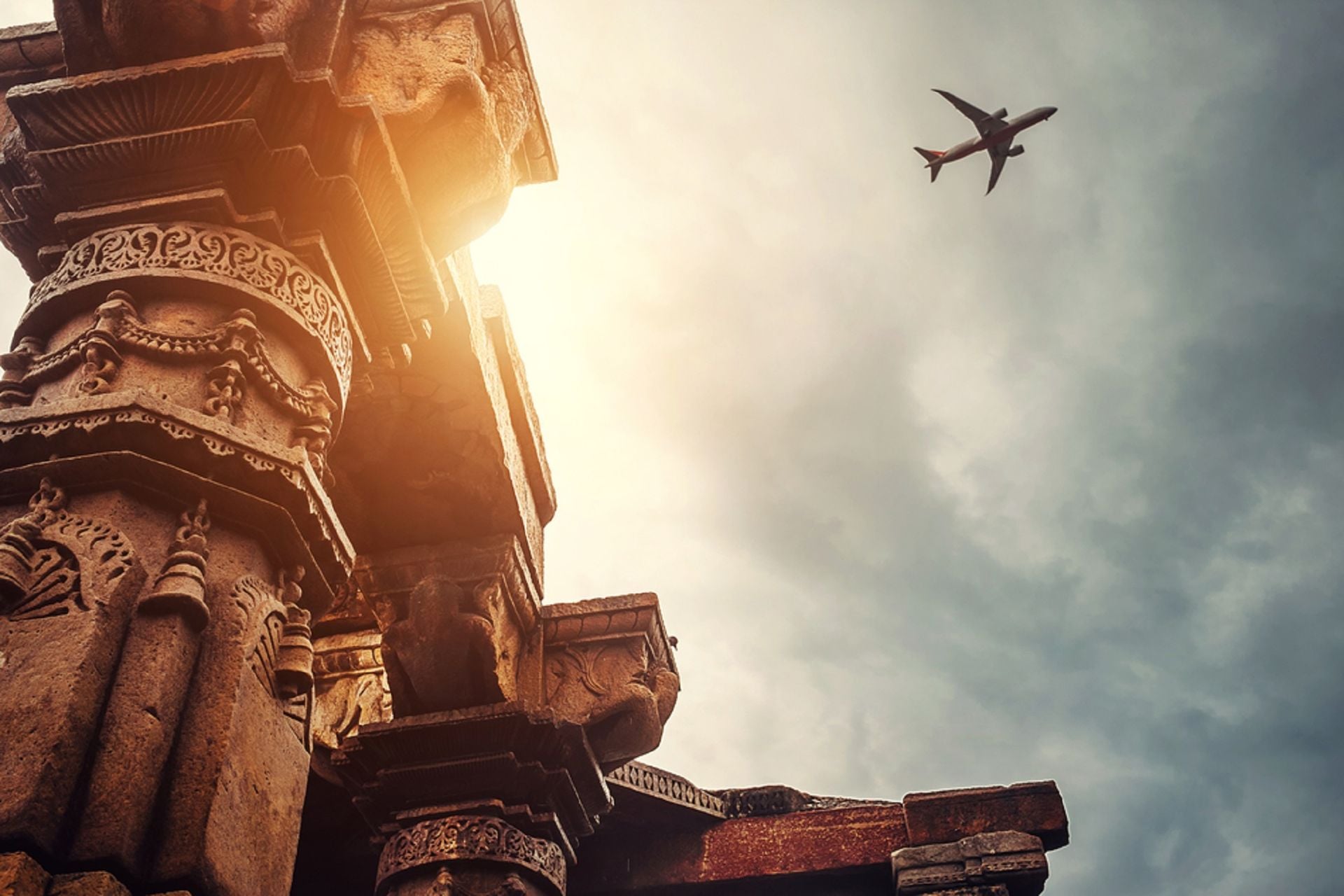 Pillars of the temple complex Qutb Minar on the Sky View , New Delhi, India
