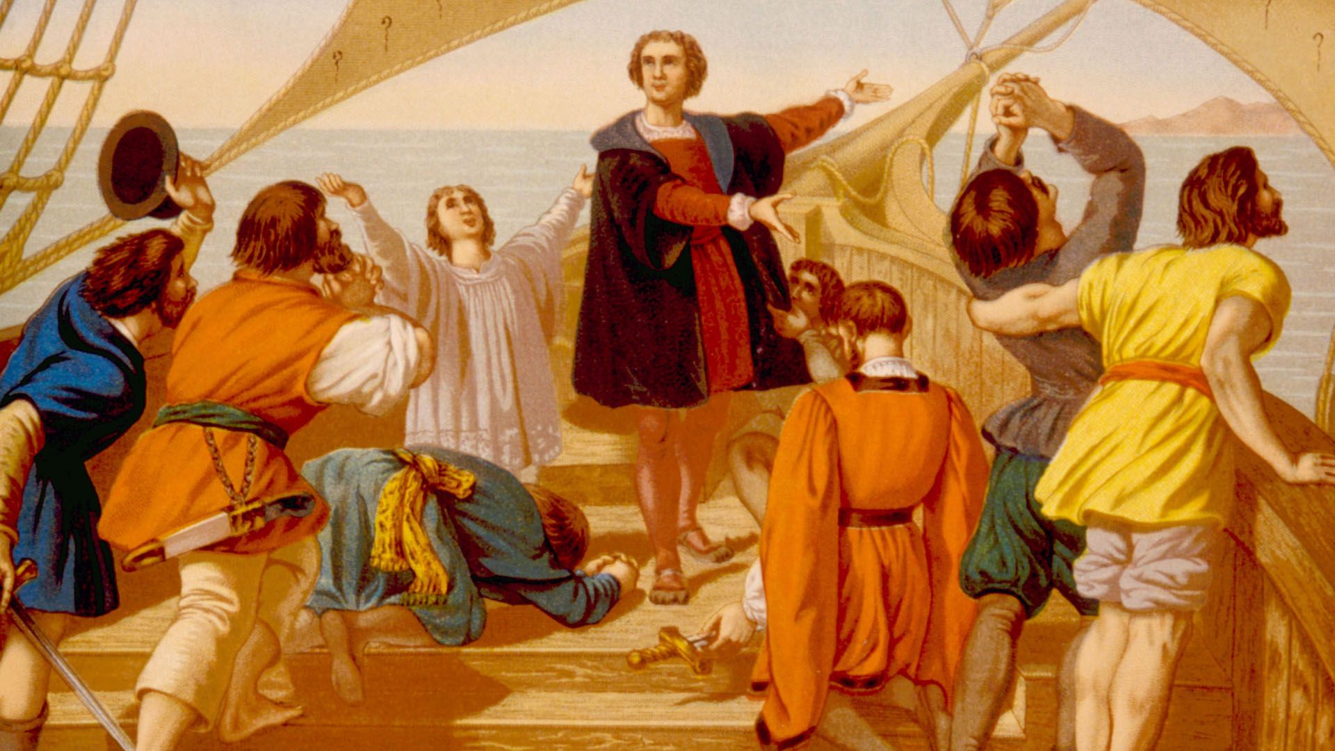 Christopher Columbus' first view of the New World on October 12, 1492 as depicted in a chromolithograph from 1892 © Everett Collection/Shutterstock