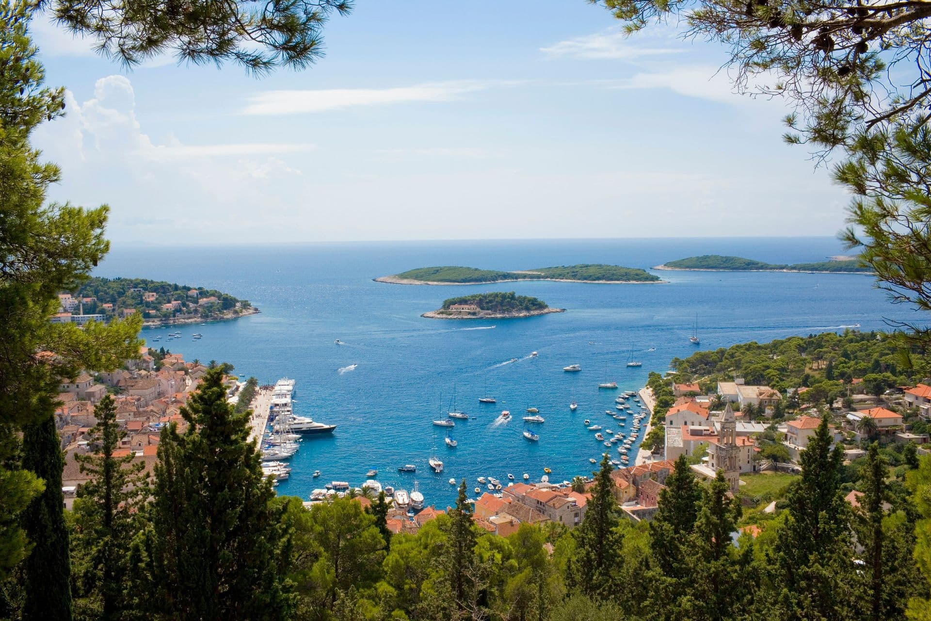 Croatia, Dalmatia, Hvar, Hvar Town harbour and outlying islets as seen from the citadel