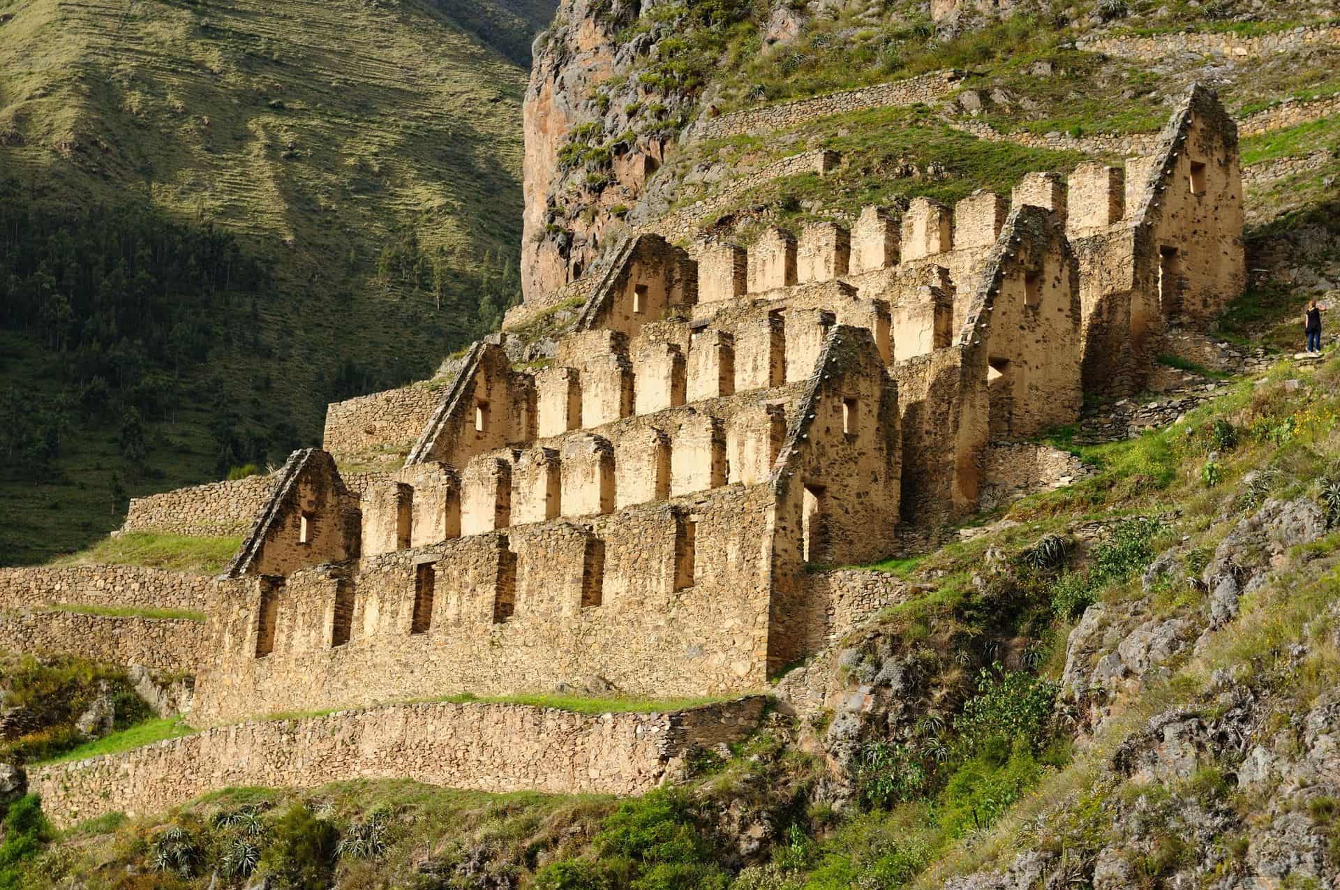 Peru, Ollantaytambo, Pinkulluna Inca ruins in the sacred valley in the Peruvian Andes