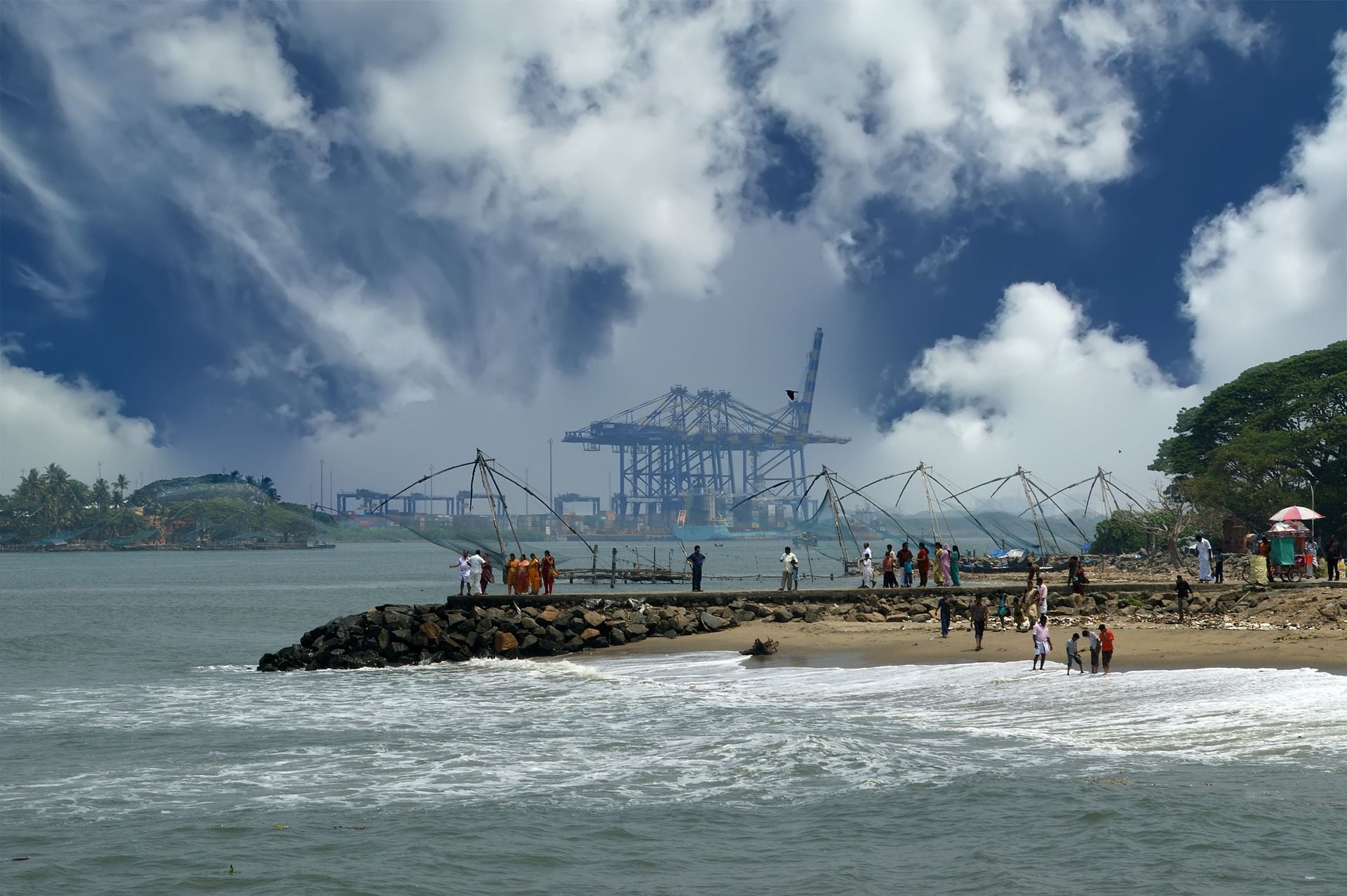 Chinese fishing nets and coast, Cochin, South India