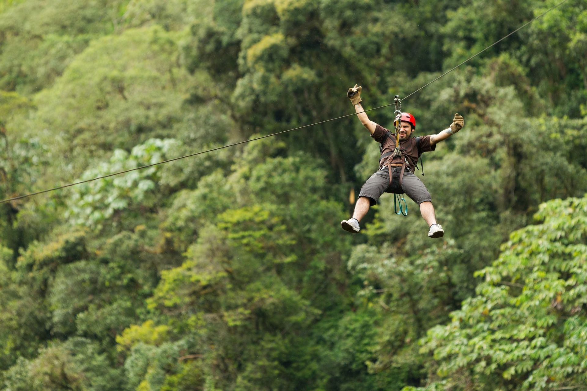 ADULT MAN, ZIP LINE ADVENTURE IN ECUADORIAN RAINFOREST