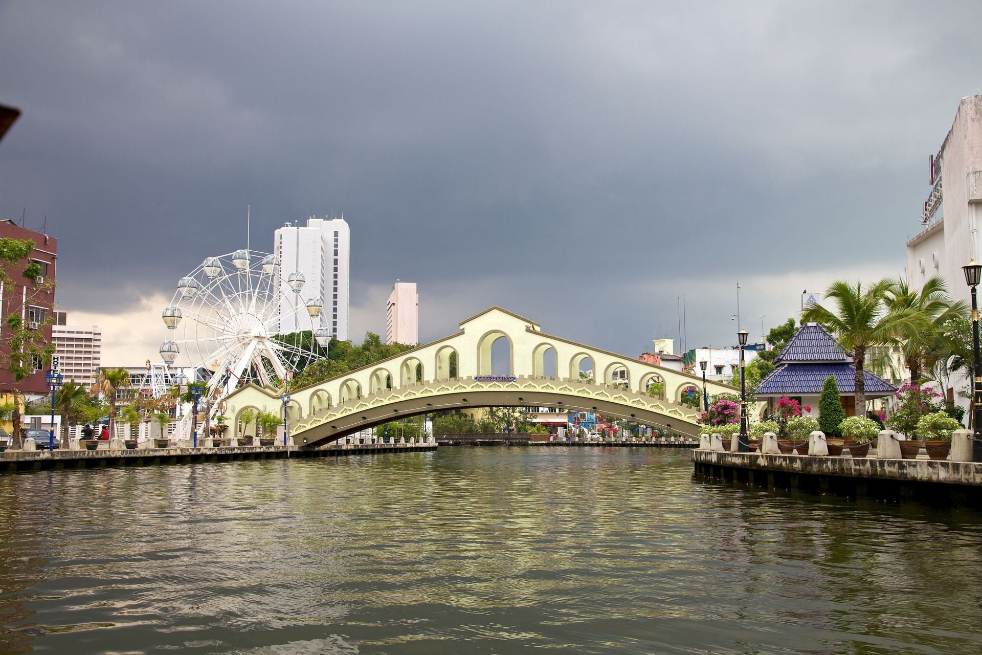 River view of the Old Bus Station Bridge, Malacca Malaysia
