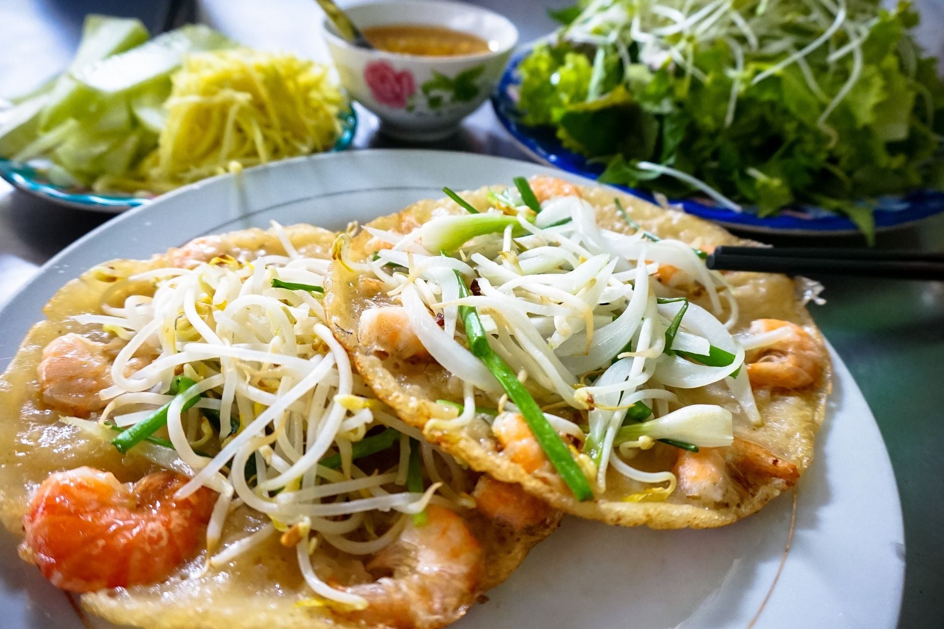 Traditional pancake with bean sprouts, shrimps and vegetables