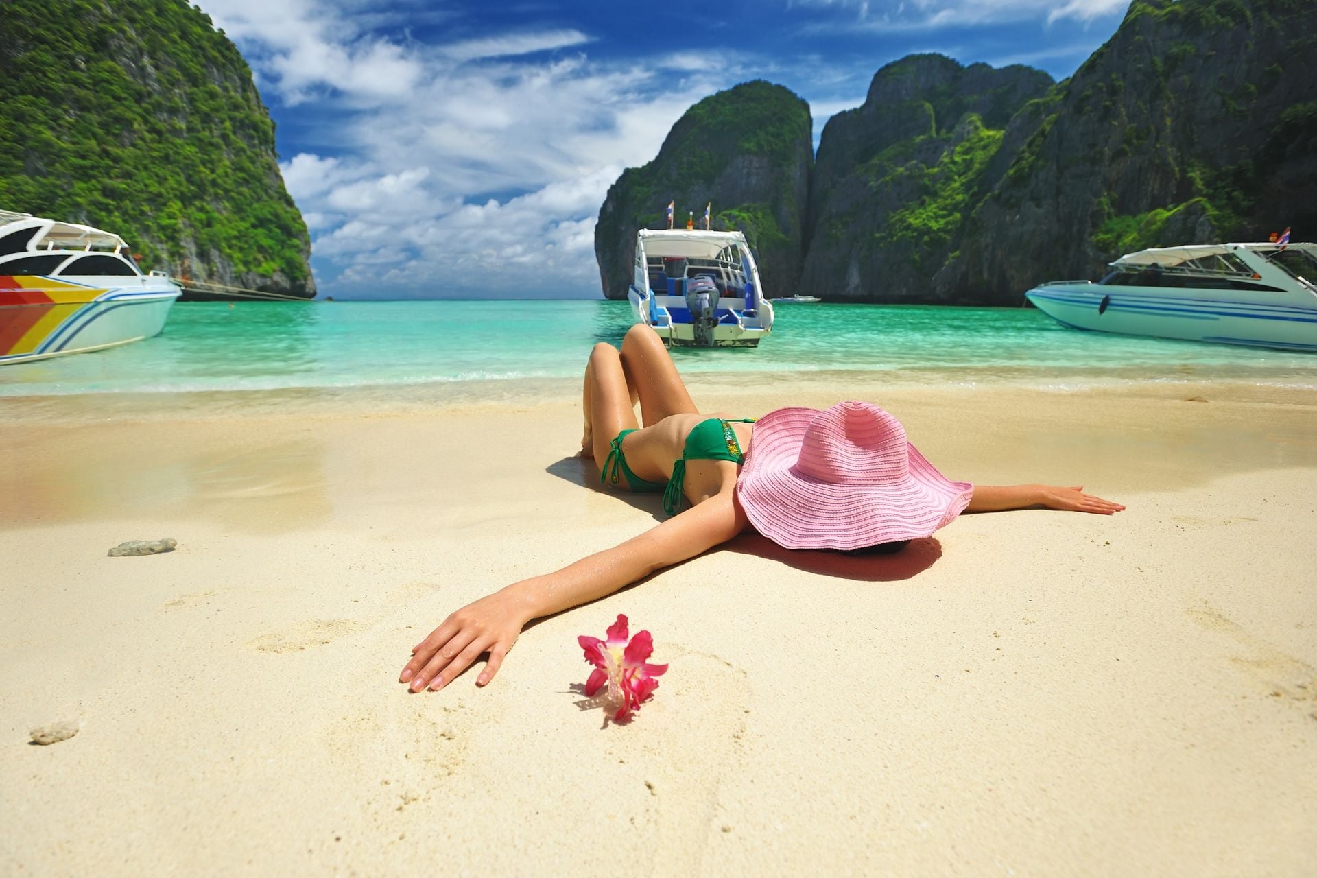Woman in beautiful lagoon at Phi Phi Ley island, the exact place where "The Beach" movie was filmed