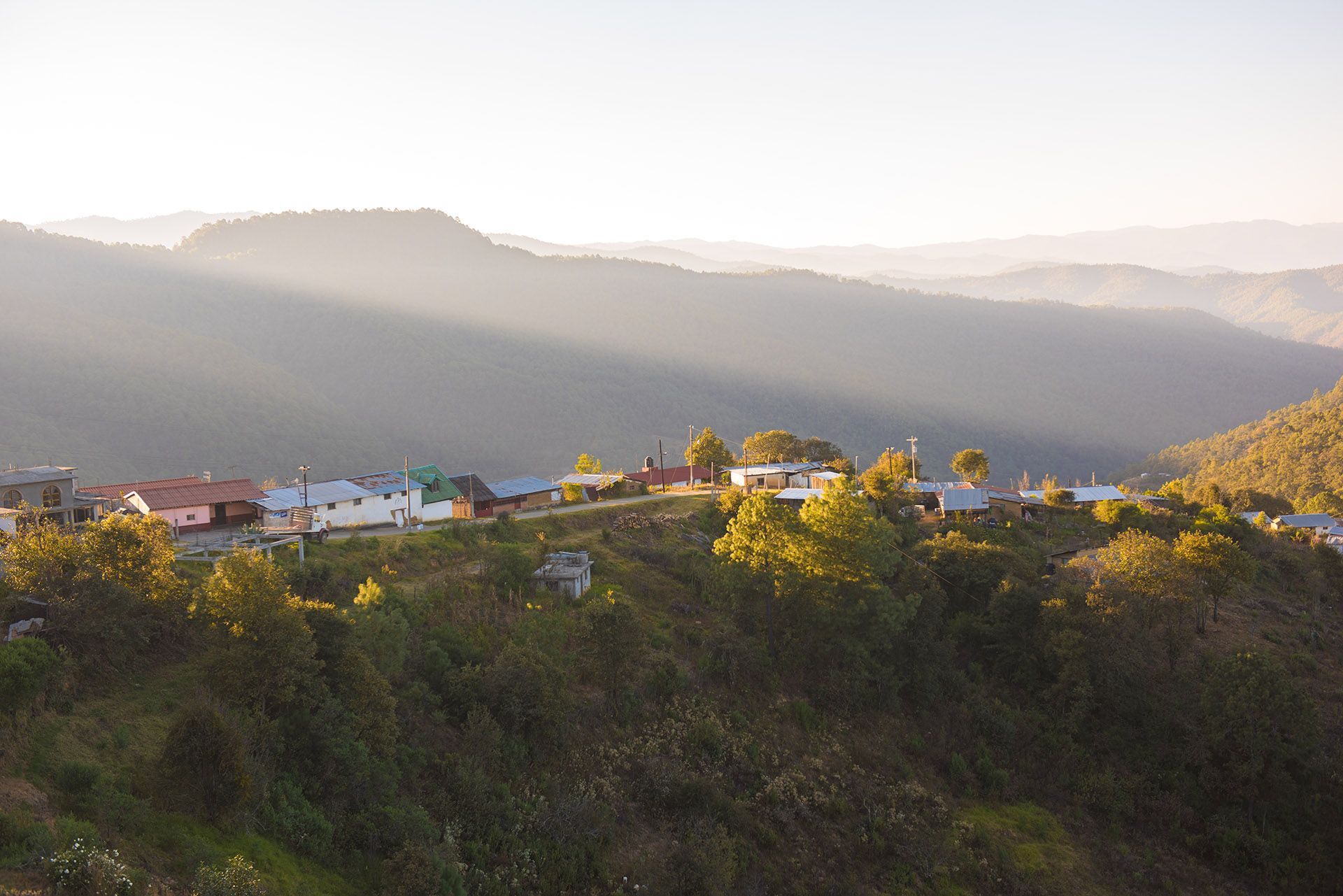 Sunrise over rural mountain town in Oaxaca Mexico