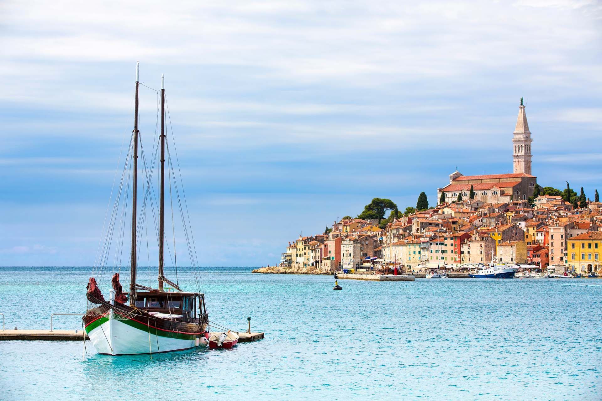 View of Moored Boat and the Old City in Rovinj, Croatia