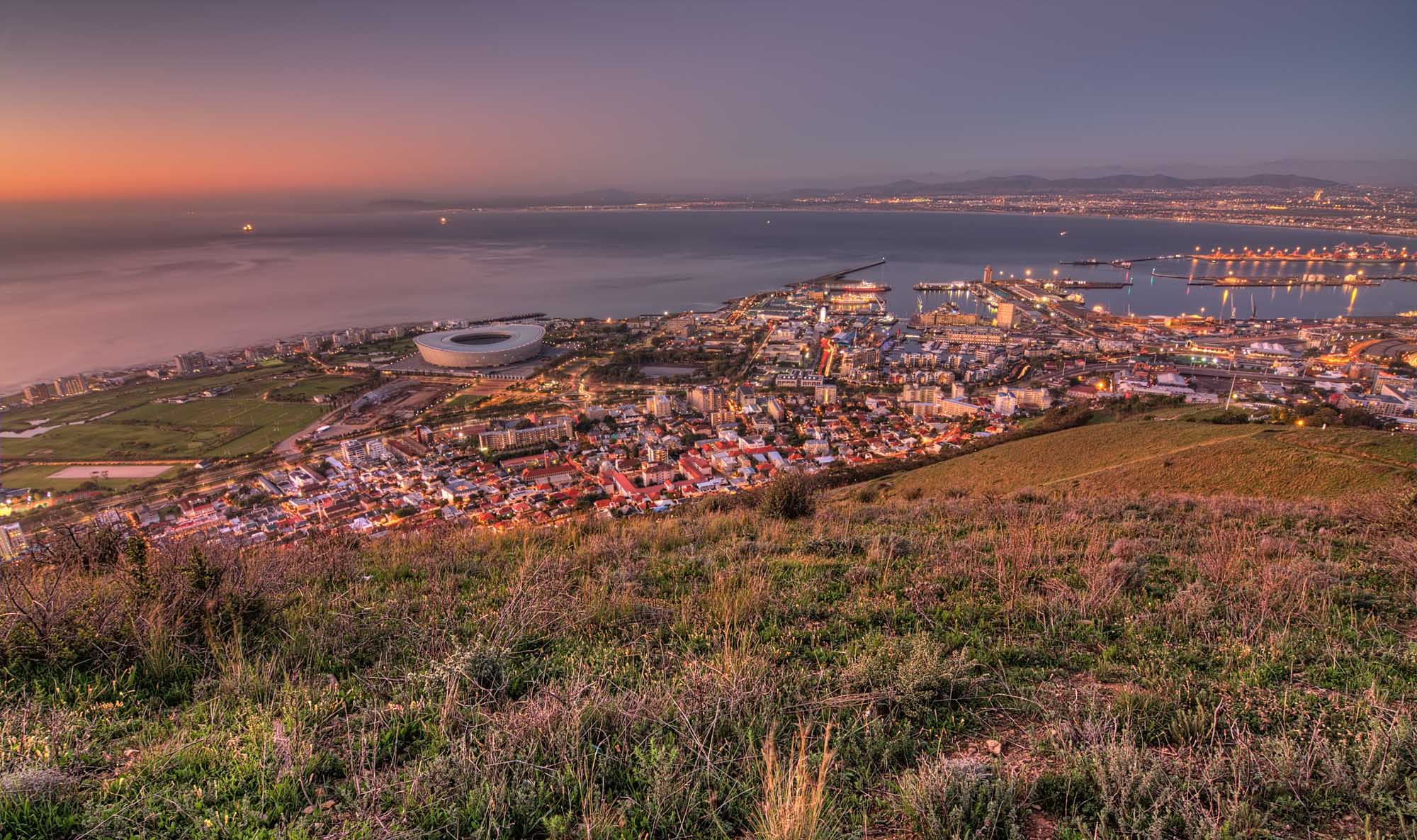 evening over cape town south africa showing Cape Town stadium and the harbor