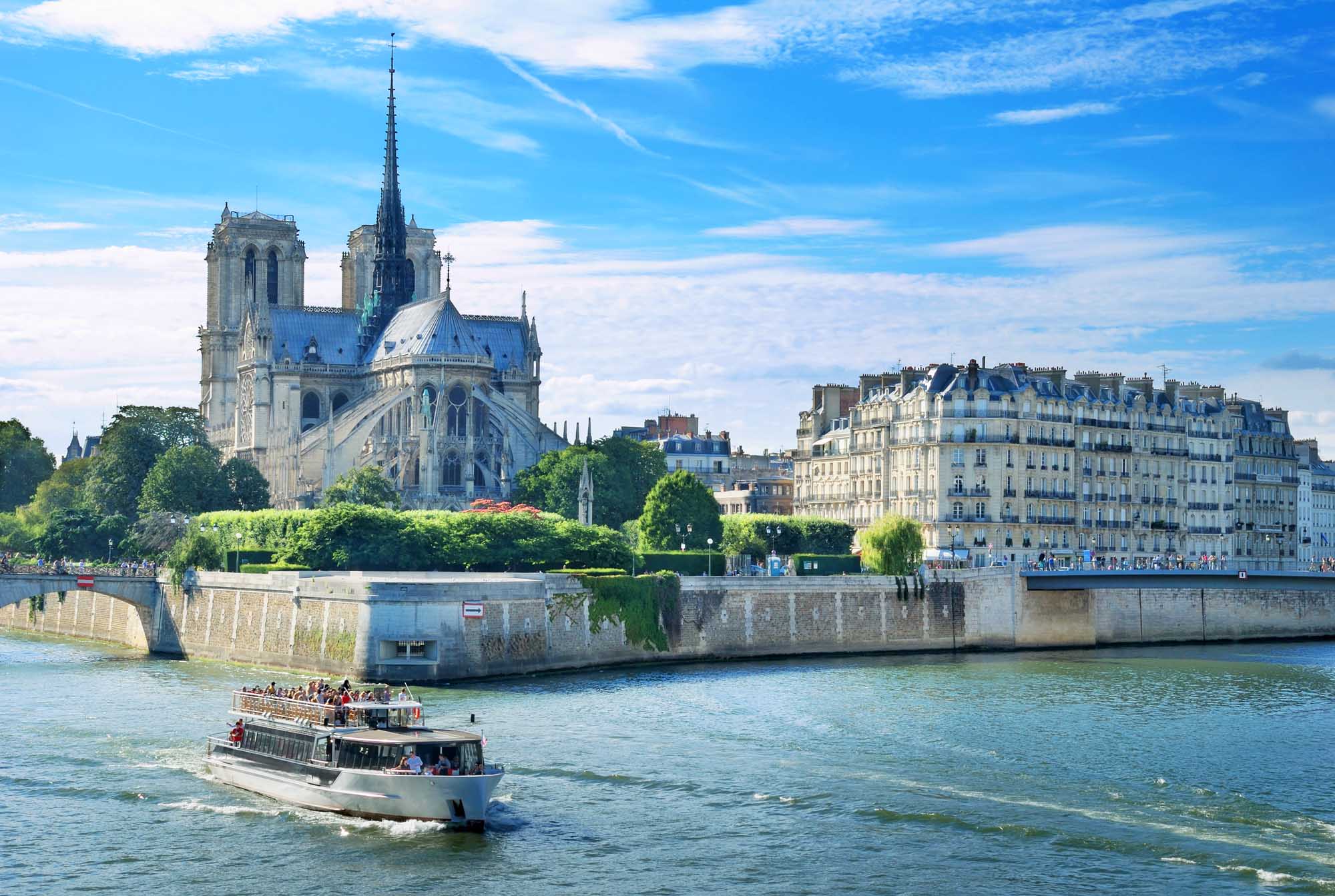 Panorama of Cite island with cathedral "Notre Dame de Paris" in Paris, France.