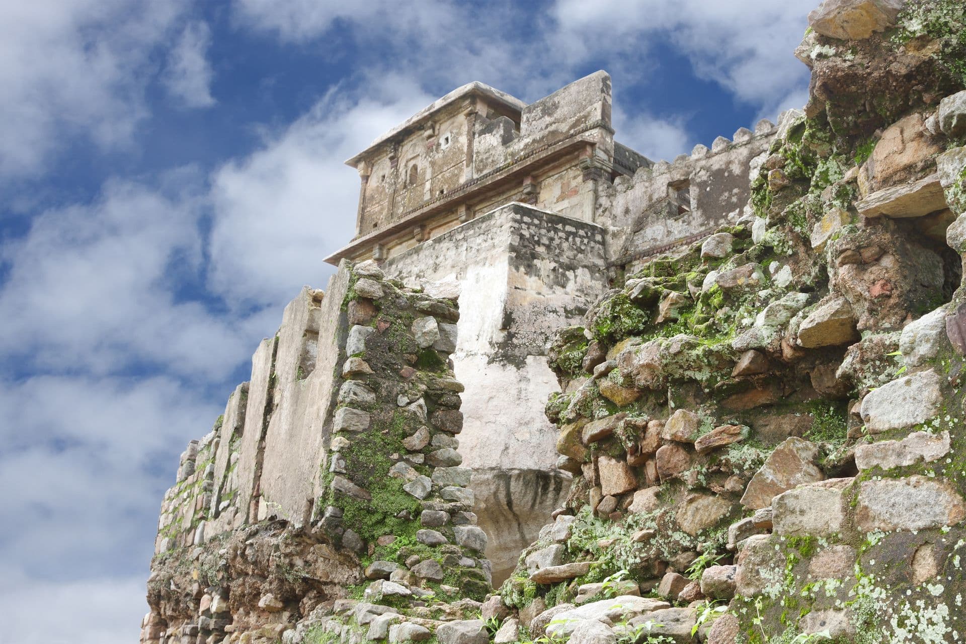 Madan Mahal fort through the ruins of ancient broken wall