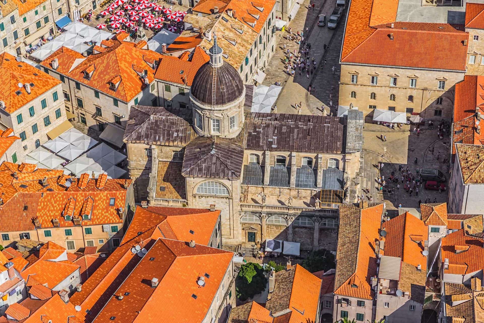 Aerial helicopter shoot of Dubrovnik old town cathedral.
