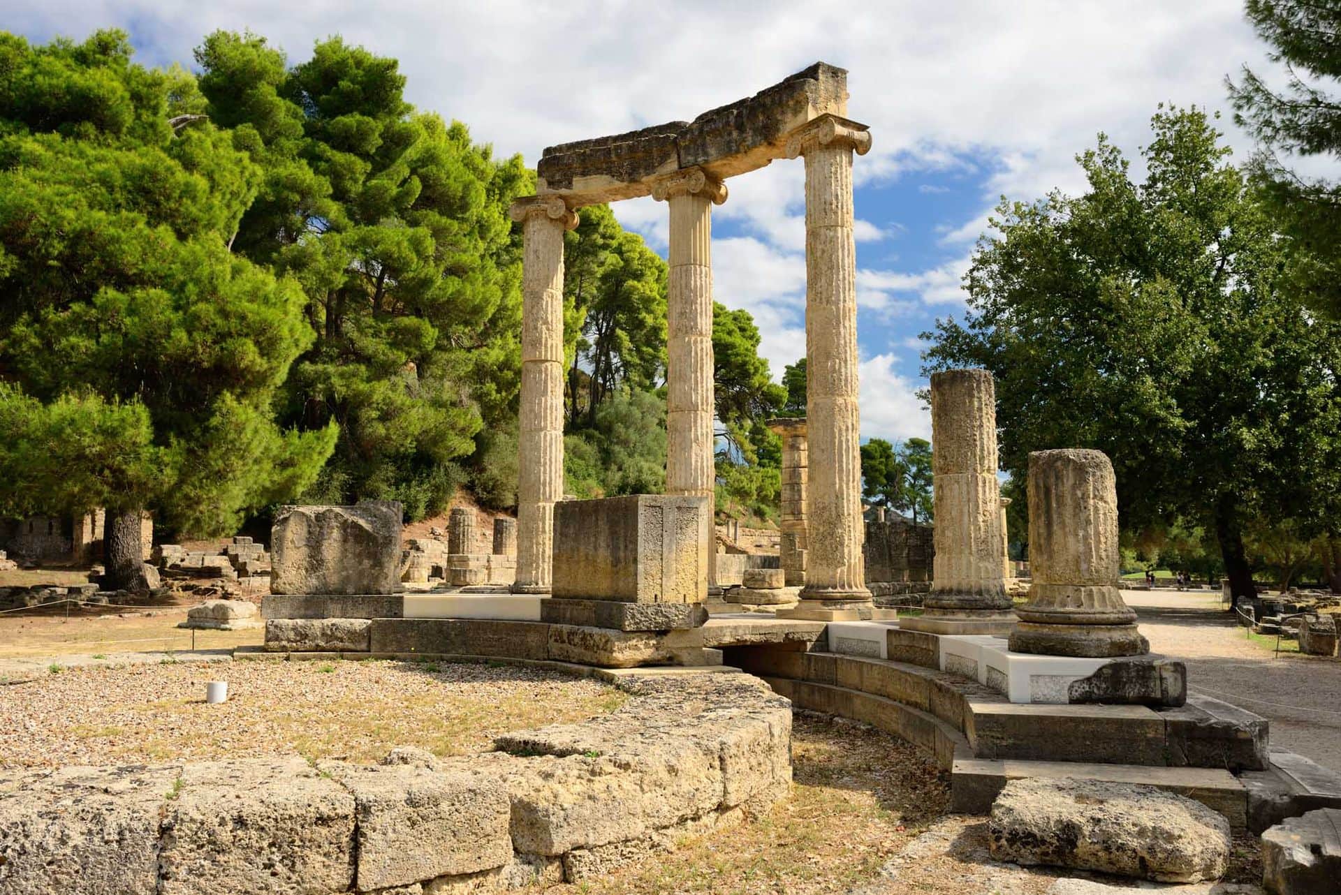 Greece Olympia, ancient ruins of the important Philippeion in Olympia, birthplace of the olympic games - UNESCO world heritage site