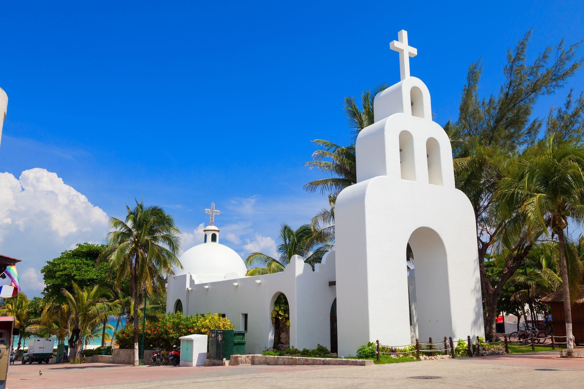 Typical white Mexican church in Playa del Carmen, Quintana Roo, Mexico