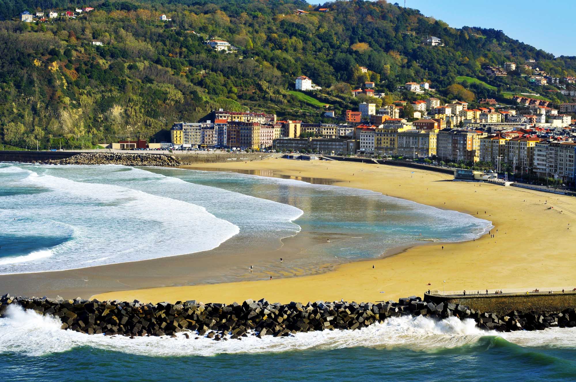 Zurriola Beach and Urumea River mouth in San Sebastian, Spain