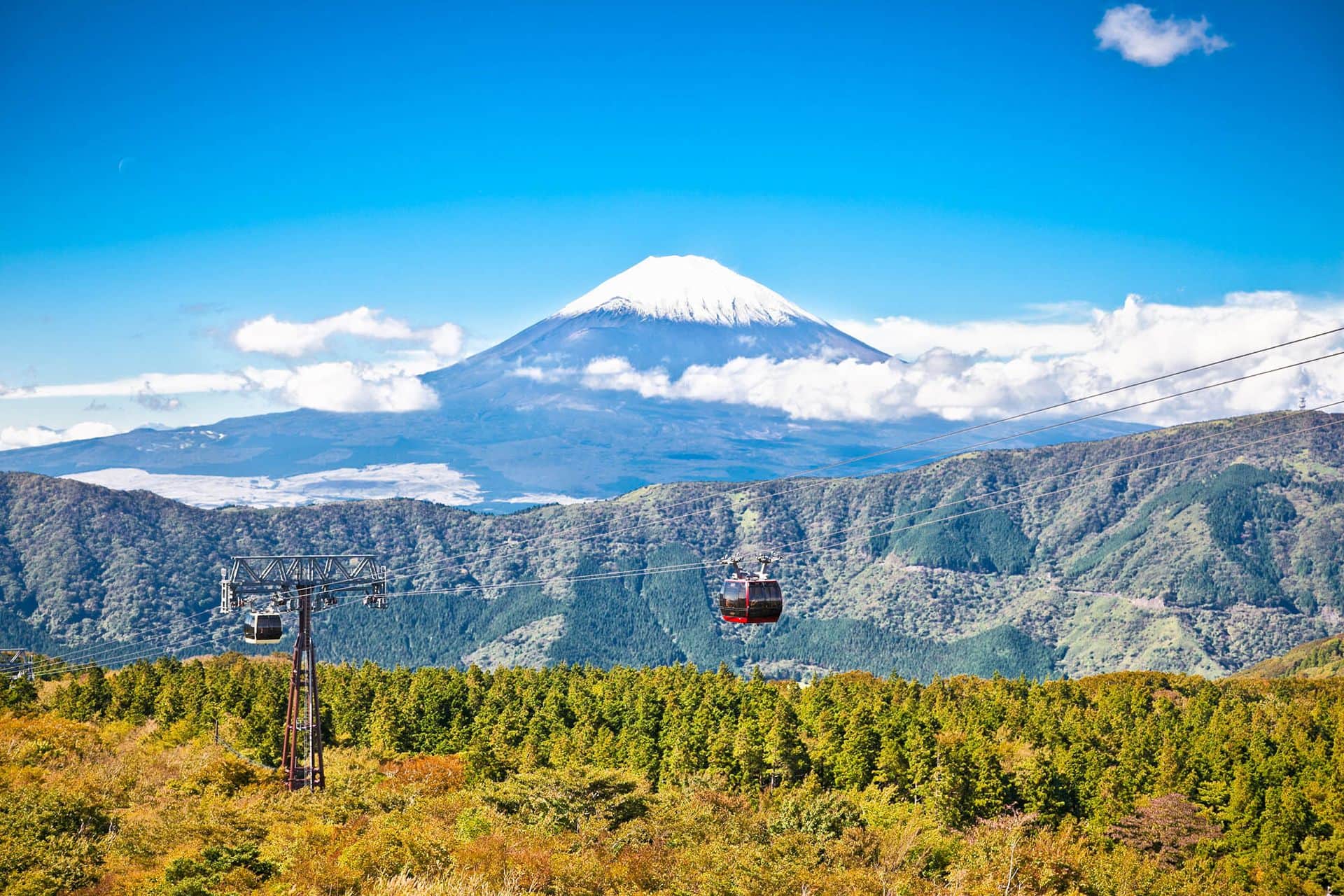 Ropeway and view of Mountain Fuji from Owakudani, Hakone. Japan. Photo: Aleksander Todorovic/Shutterstock