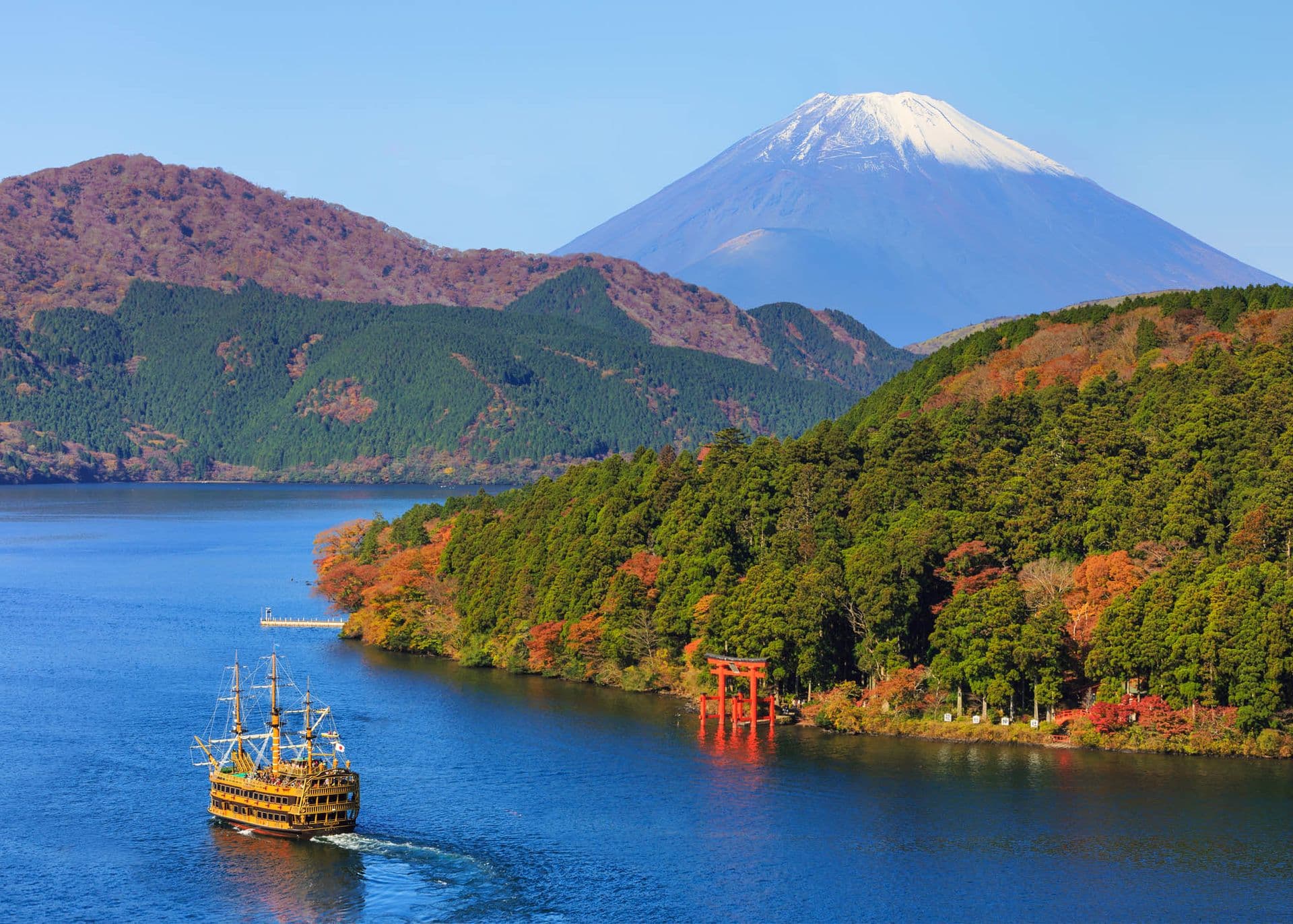 Mountain Fuji and Lake Ashi with Hakone temple. Photo: jiratto/Shutterstock