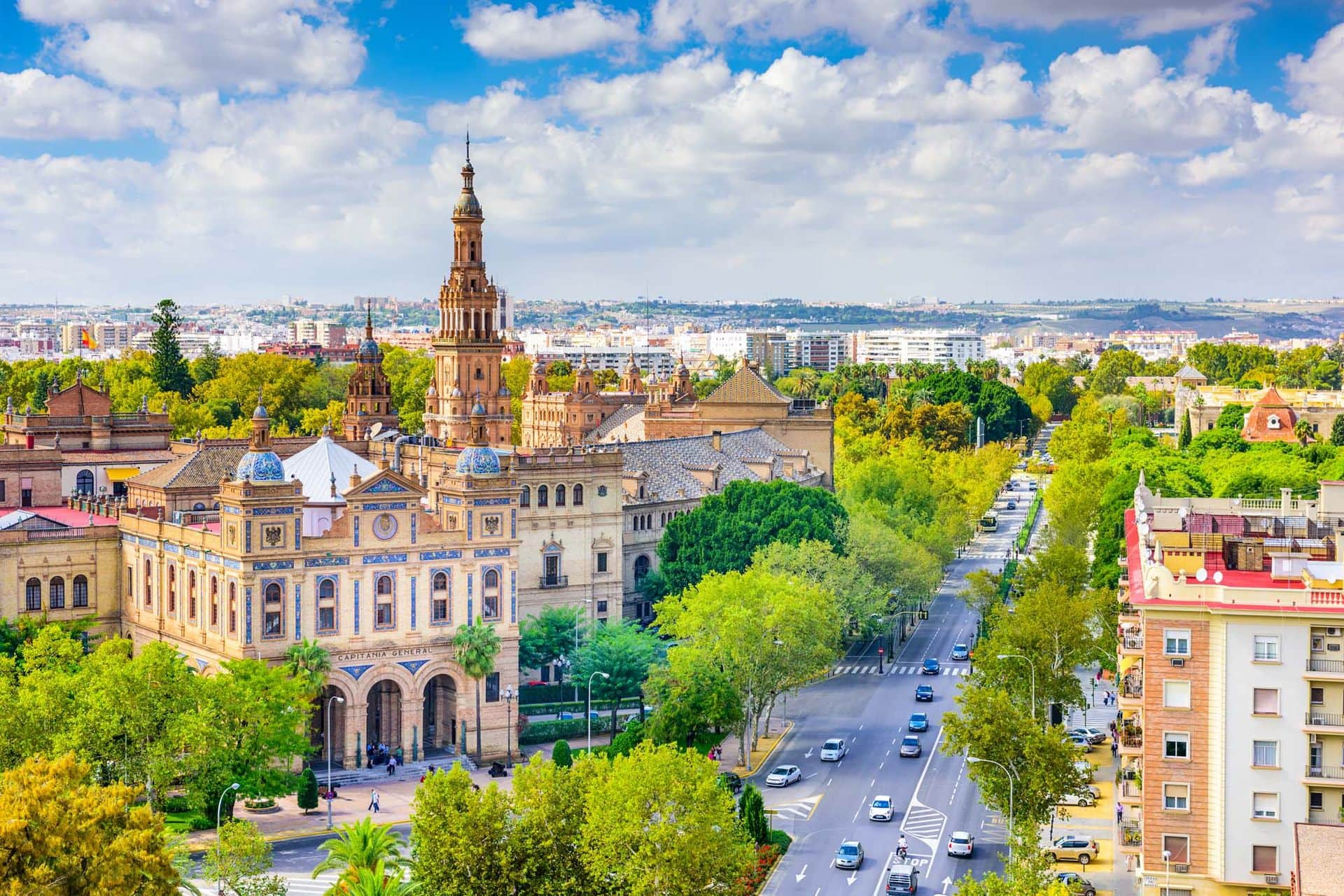 Seville, Spain cityscape with Plaza de Espana buildings.