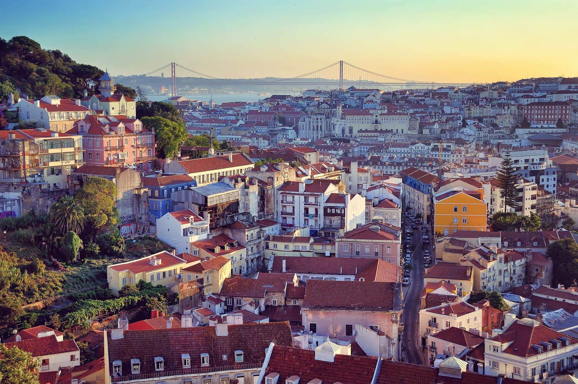 Aerial view of Lisbon, Portugal at sunset. Viewpoint Miradoura Da Graca