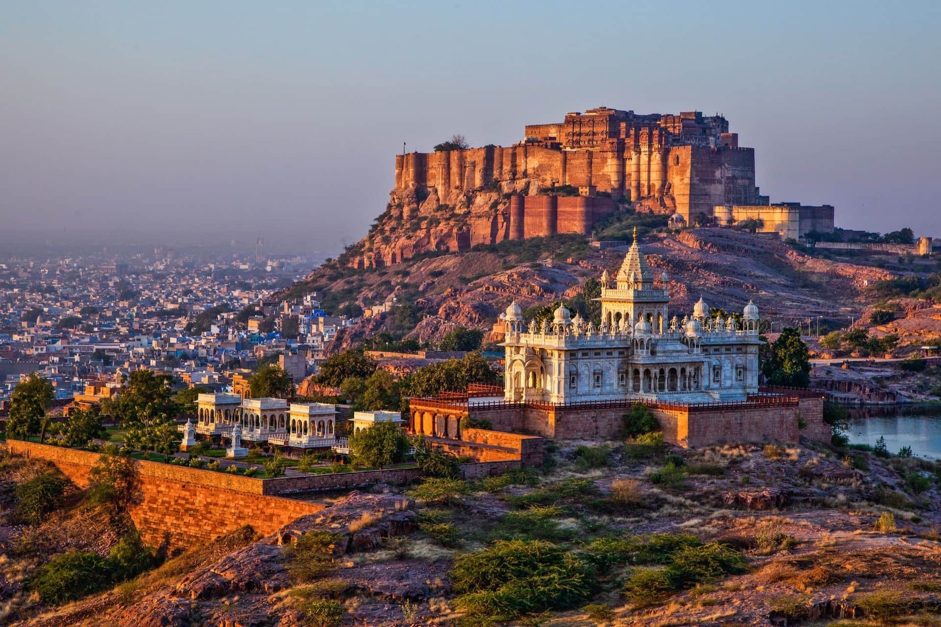 Jodhpur, Rajasthan, India- Sunrise at the Mehrangarh Fort and Jaswant Thada Mausoleum with the blue city in the background