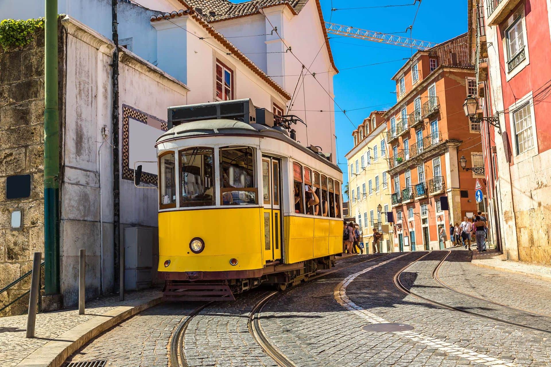 Vintage tram in the city center of Lisbon, Portugal