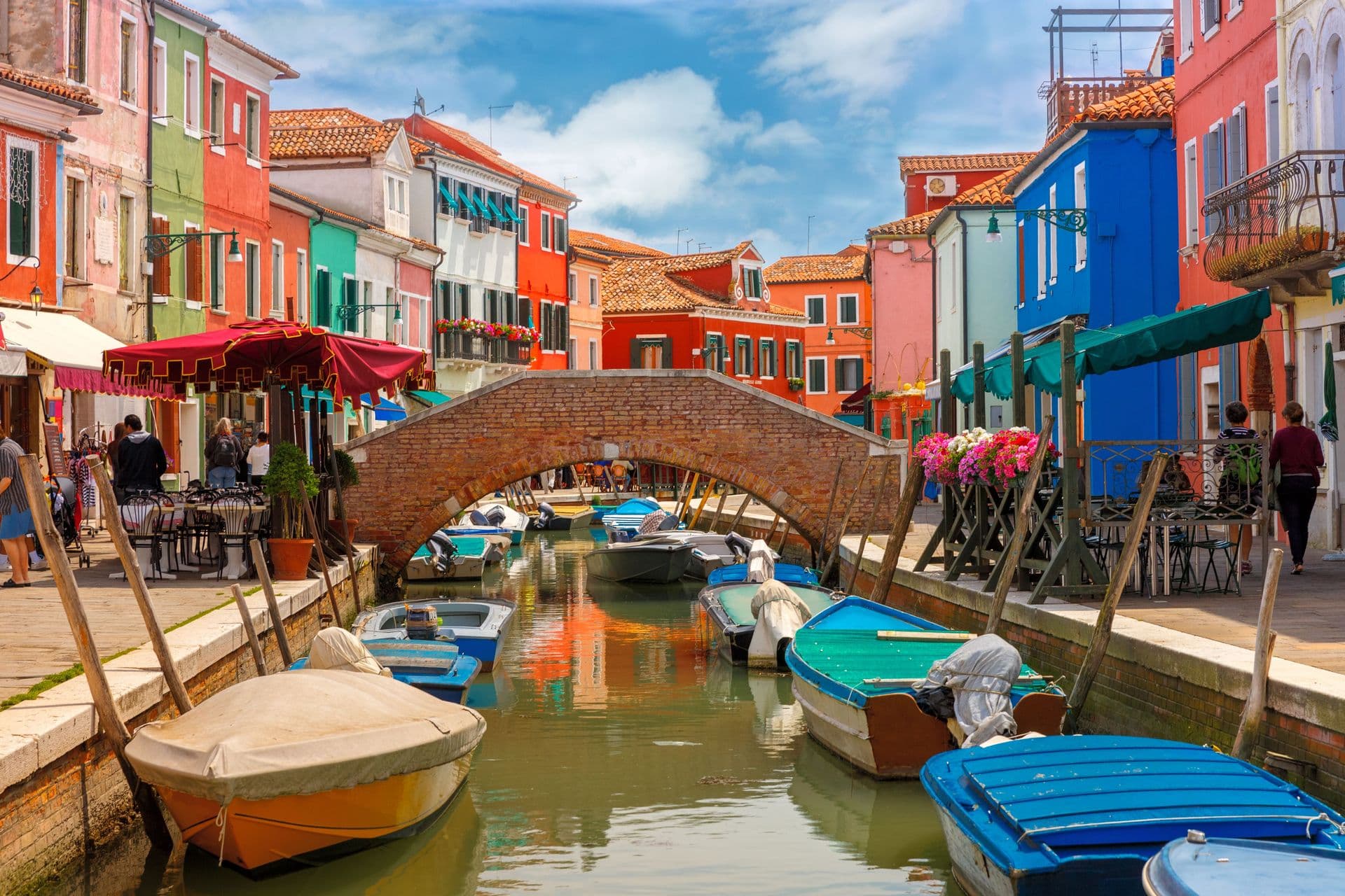 Bridge and canal with colorful houses on the famous island Burano, Venice, Italy