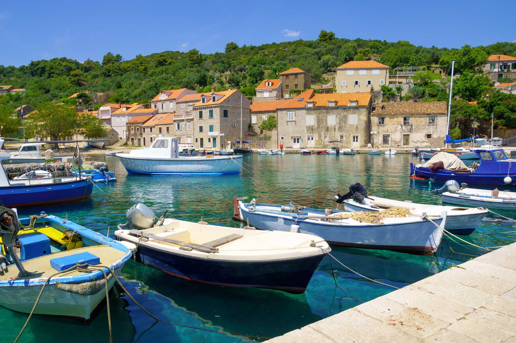 View of the fishing port, in the village Sudurad, Sipan Island, one of the Elaphiti Islands, Croatia