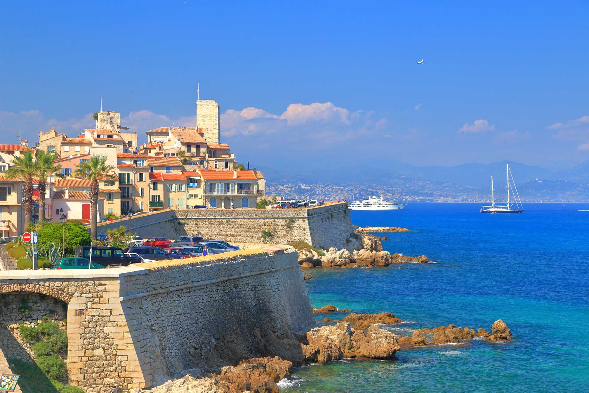 Old buildings and fortified walls of Antibes near the Mediterranean sea, French Riviera, France