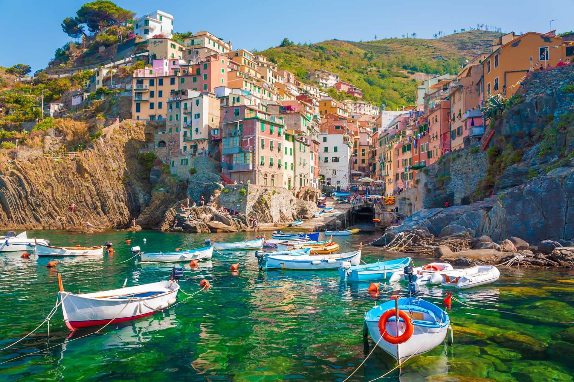 Riomaggiore is the first city of the Cique Terre sequence of hill cities, Liguria, Italy.