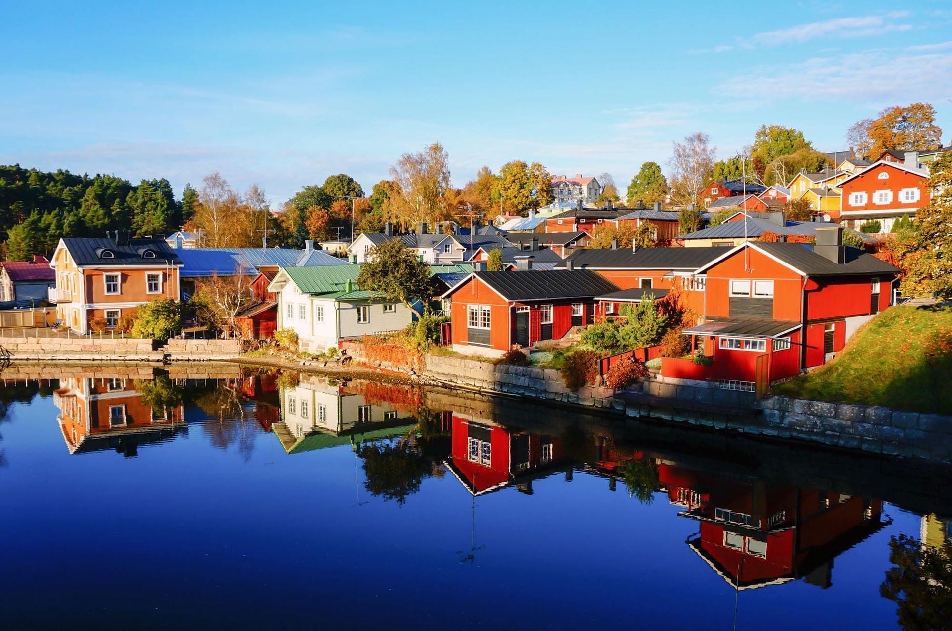 Reflection of colorful house in autumn, Porvoo, Finland