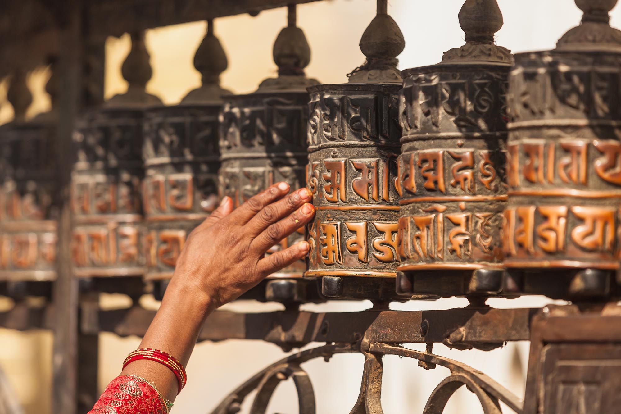 Tibetan prayer wheels or prayer's rolls of the faithful Buddhists.