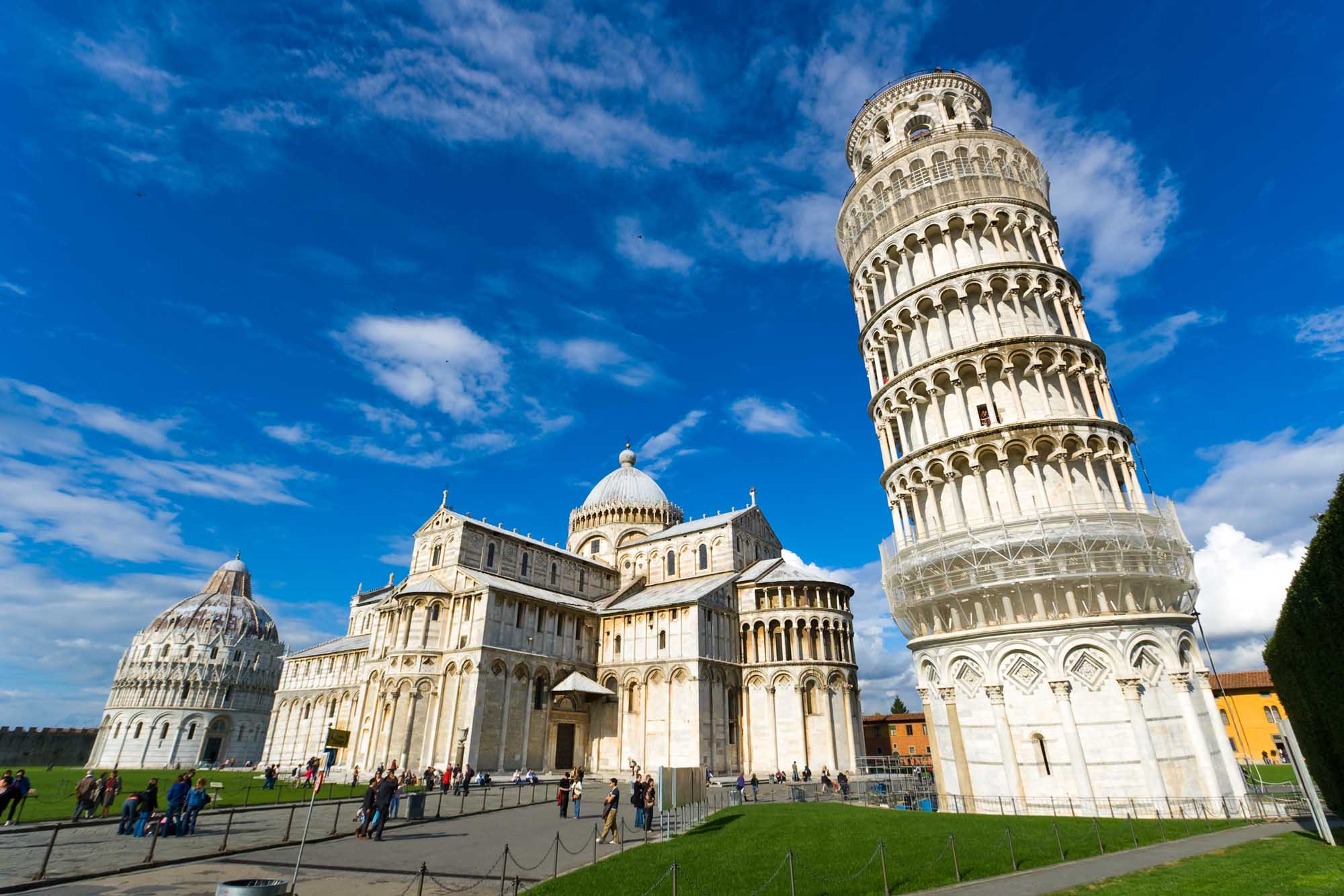 Piazza dei miracoli, with the Basilica and the leaning tower. Pisa, Italy.