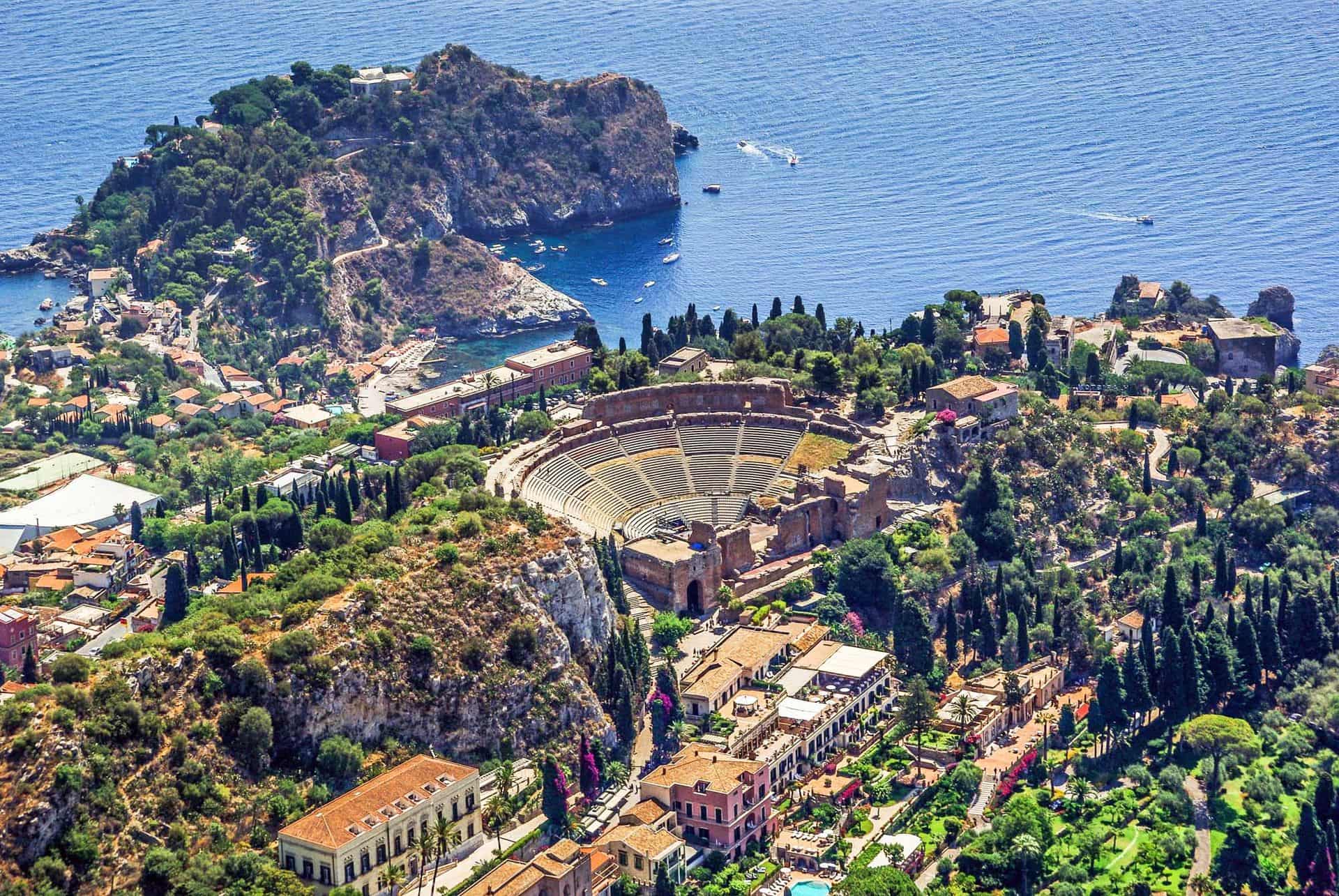 Aerial view of the Greek Theatre of Taormina Sicily