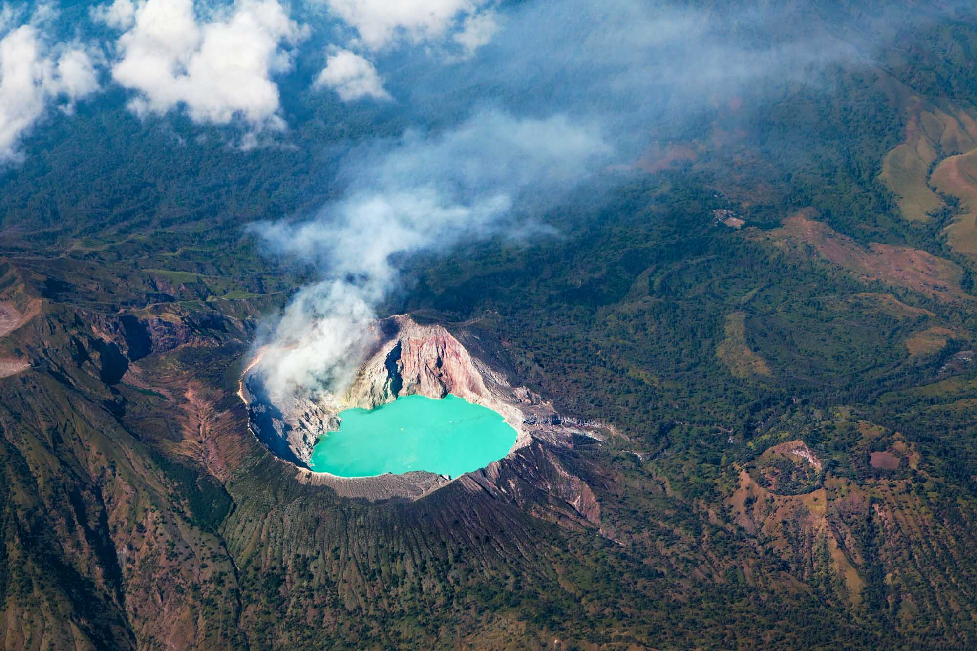Aerial photo of active volcano Ijen in East Java