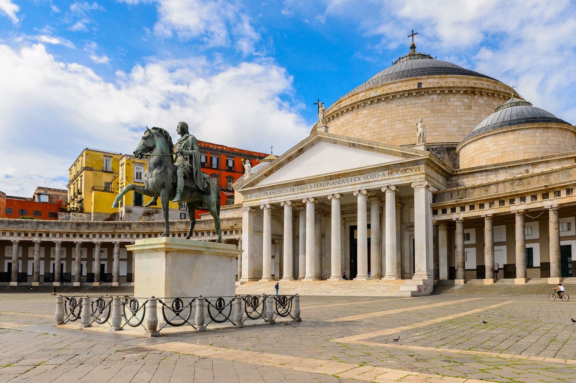 Vittorio Emanuele II in front of the Basilica of San Francesco di Paola, located on Piazza del Plebiscito, Naples, Italy