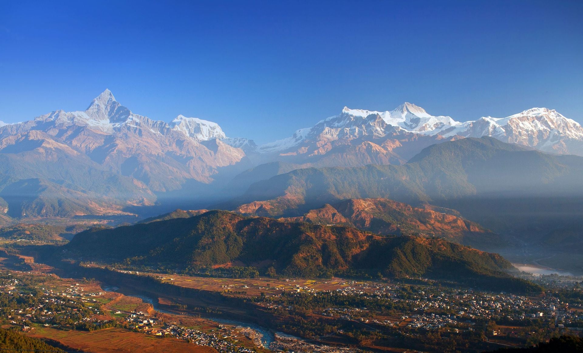 View of the Himalayan mountains from Sarangkot hill, Pokhara, Nepal