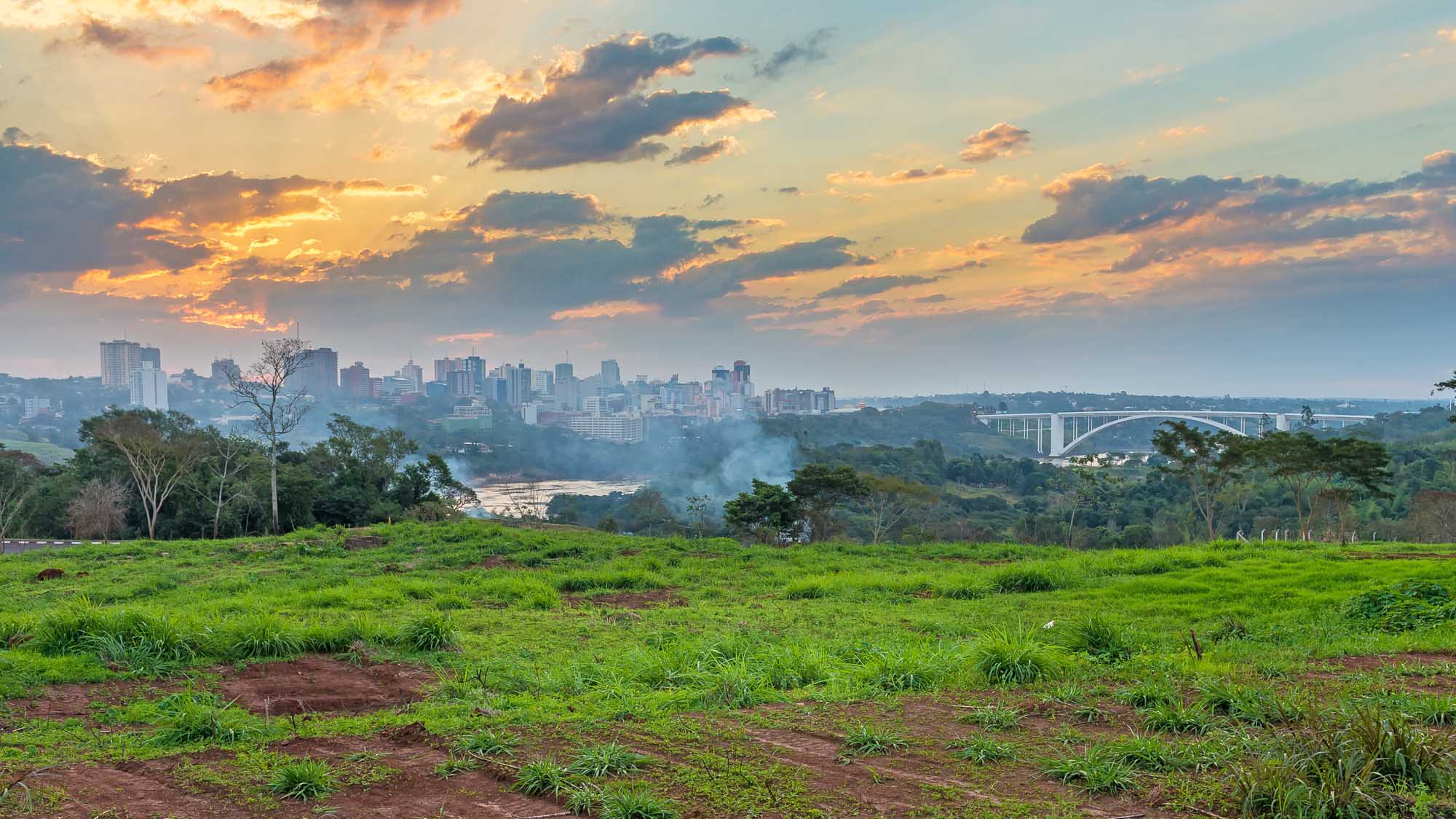View of the Friendship Bridge (Ponte da Amizade), which connects Foz do Iguacu in Brazil with Ciudad del Este in Paraguay