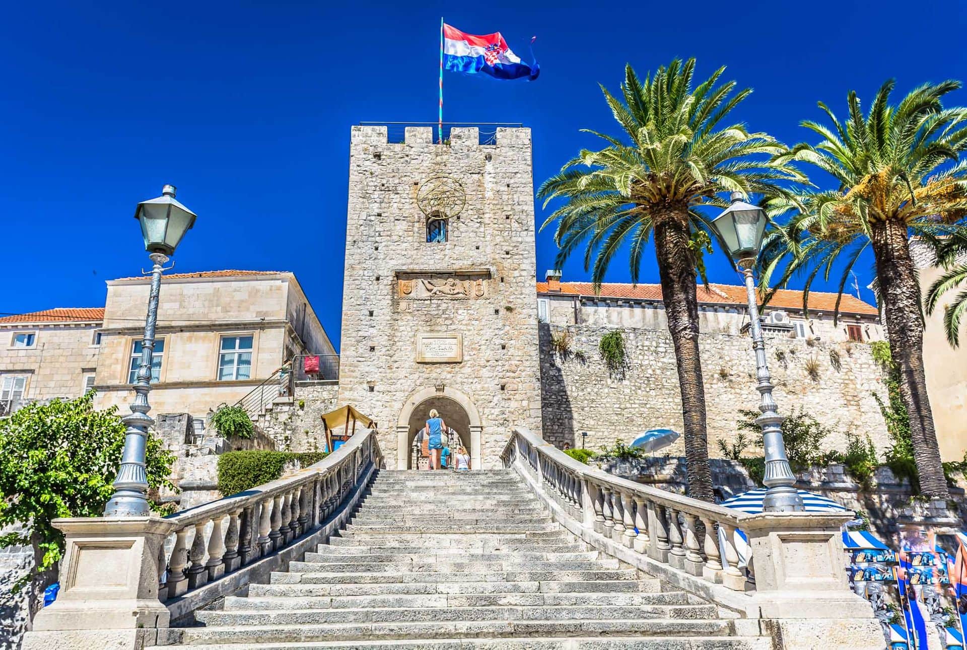 Revelin tower is entrance in old city center in town Korcula, historic landmark in Island of Korcula
