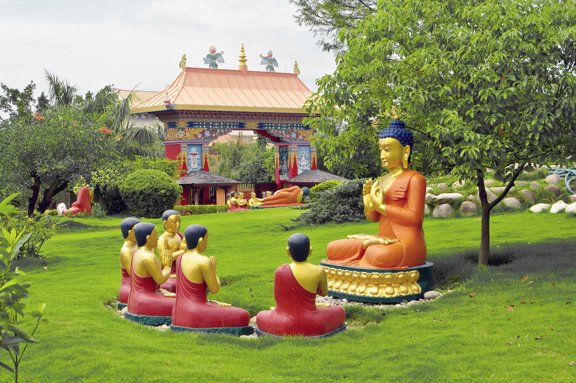 Buddhist temples in Lumbini, with statues illustrating the life of Siddharta