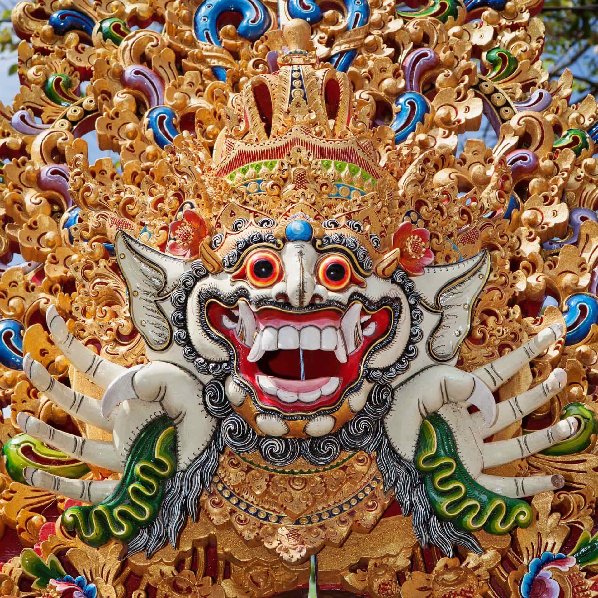 Traditional Barong mask pattern in temple - protective spirit, Bali island symbol.