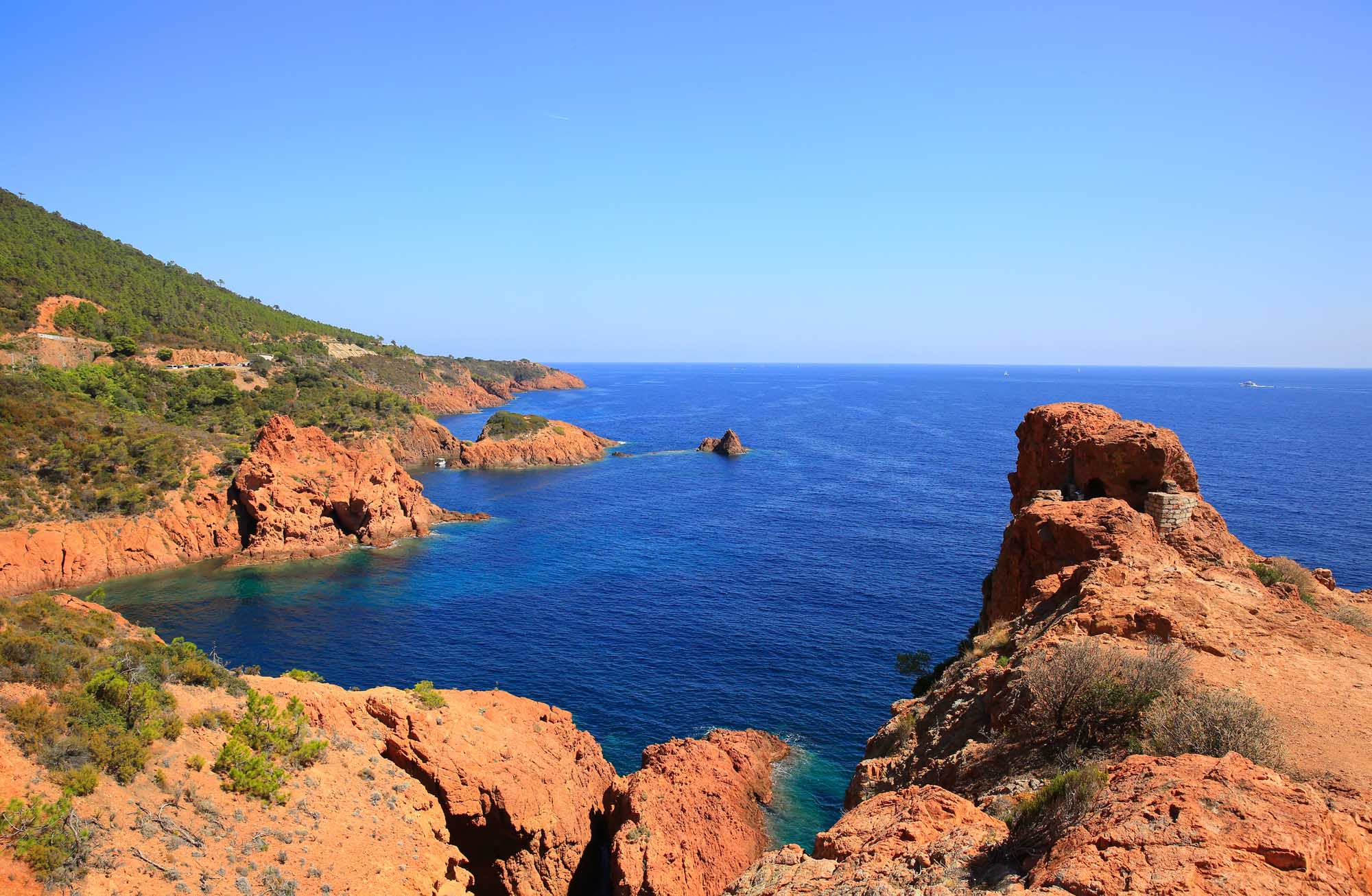 Esterel mediterranean red rocks coast, beach and sea. French Riviera in Cote d Azur