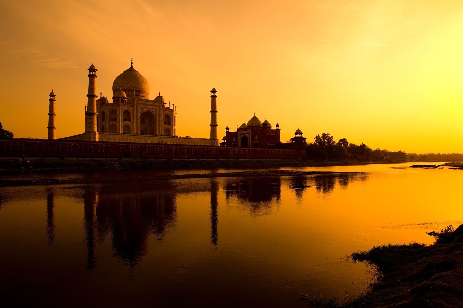 Taj Mahal silhouette from the banks of the Yamuna river
