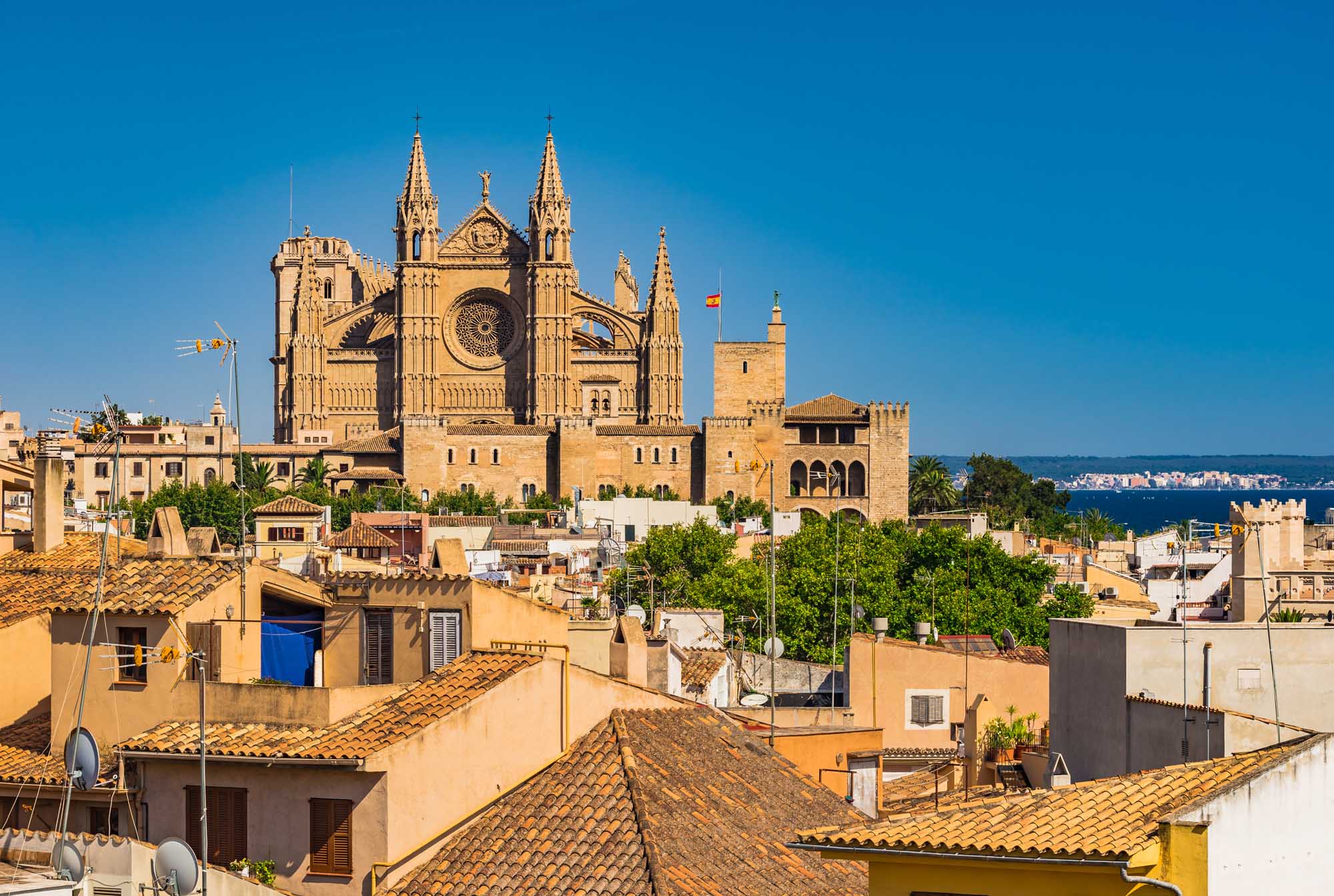Spain Majorca, old town Palma de Mallorca with view of the famous Cathedral La Seu, Mediterranean Sea, Balearic Islands.