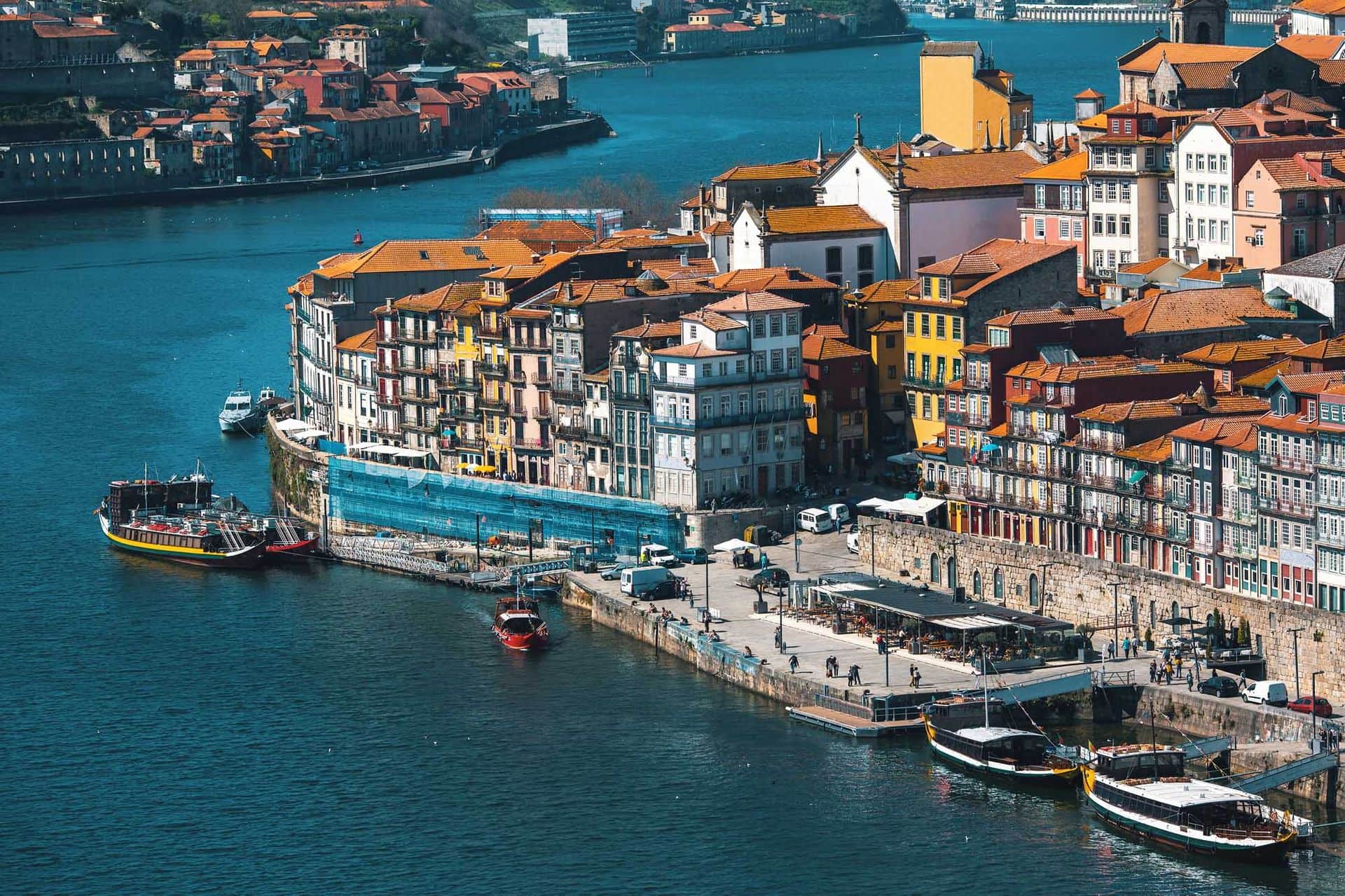 Douro river and Ribeira view from Dom Luis I bridge, Porto, Portugal.