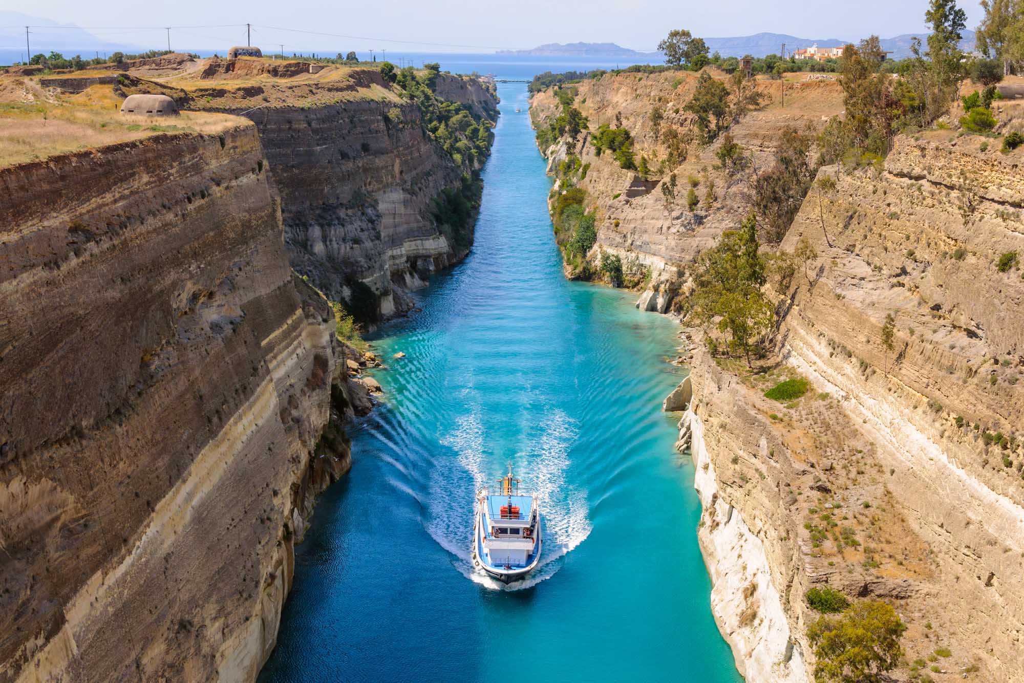 Ship passing through Corinth Canal in Greece