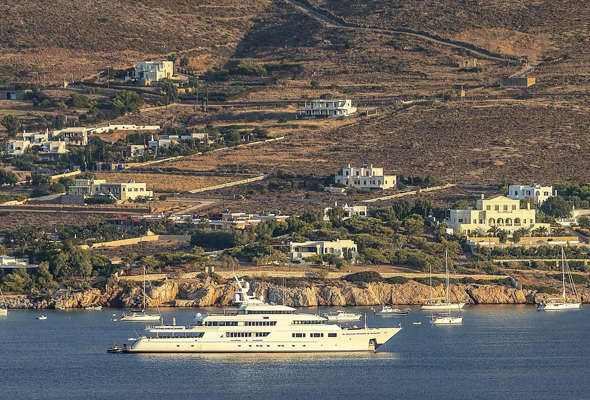 Vessel anchored in the bay of Finikas in Syros Island , Greece.