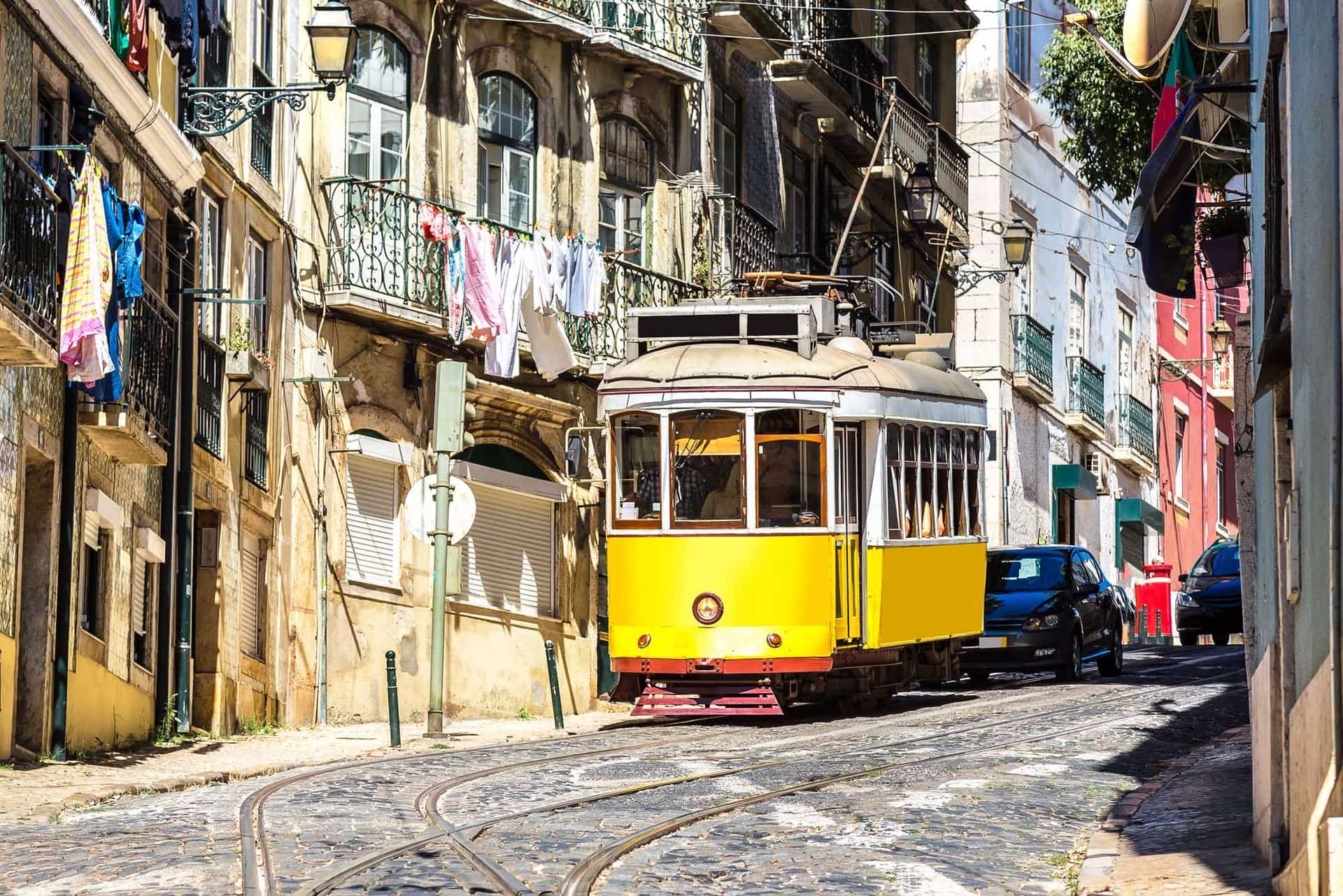 Vintage tram in the city center of Lisbon, Portugal in a summer day