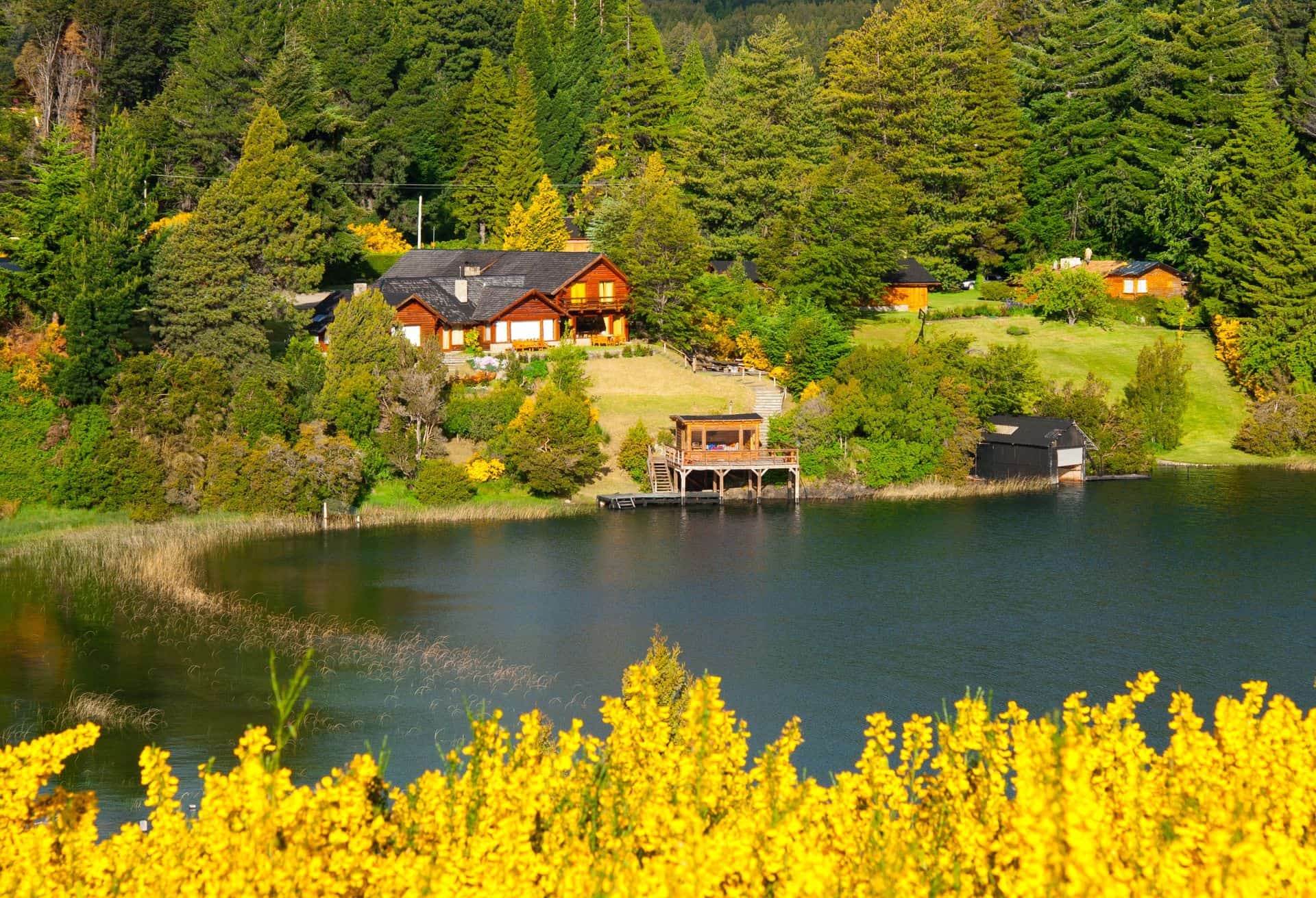 Beautiful landscape with cottage near a lake and trees in Villa La Angostura, Patagonia, Argentina