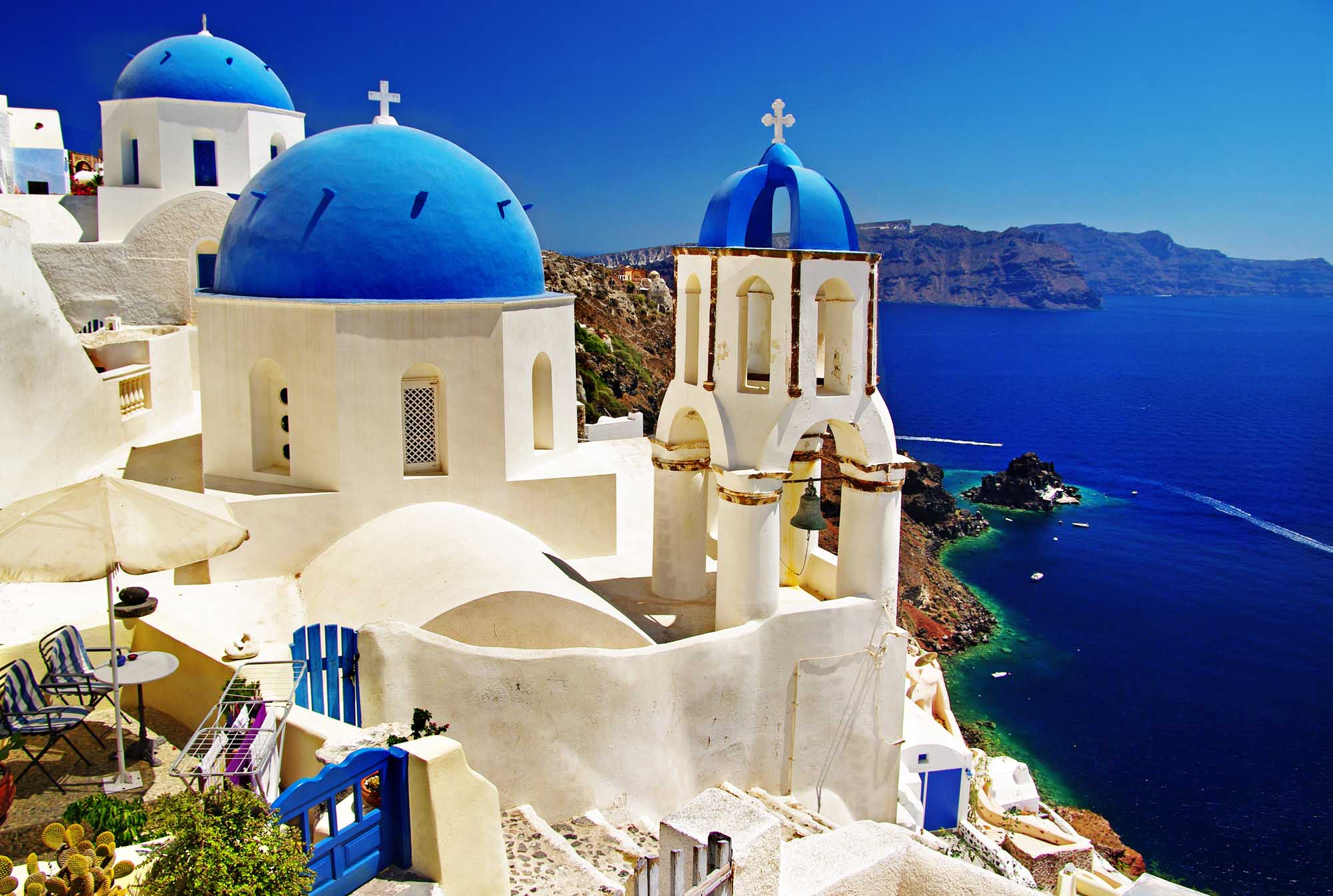 white-blue Santorini - view of caldera with churches