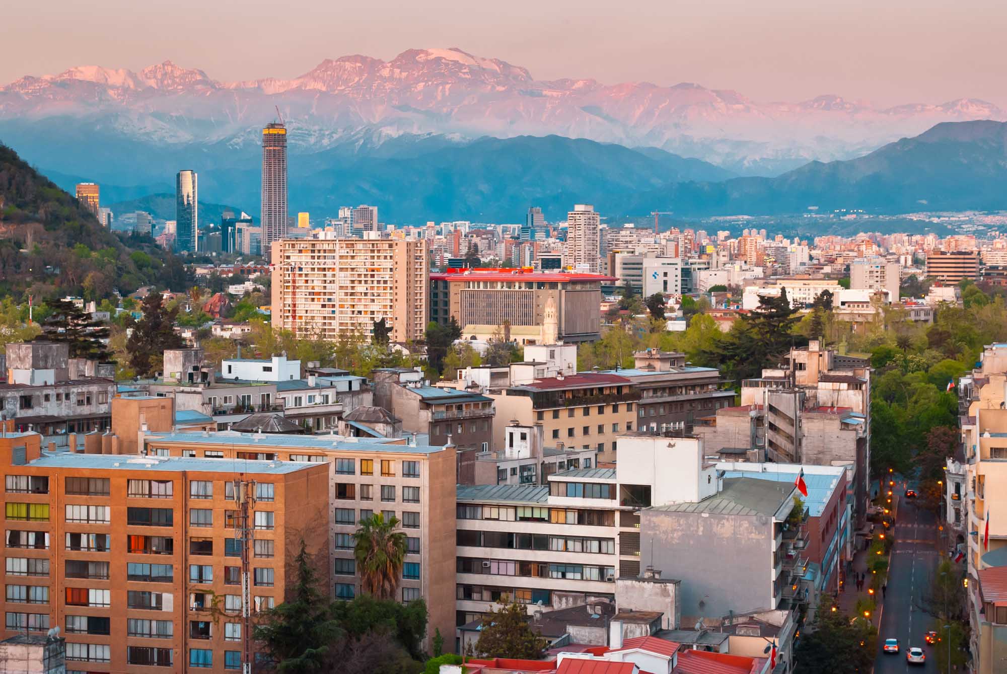 Santiago de Chile, panoramic view of the center at evening with snowy Andes