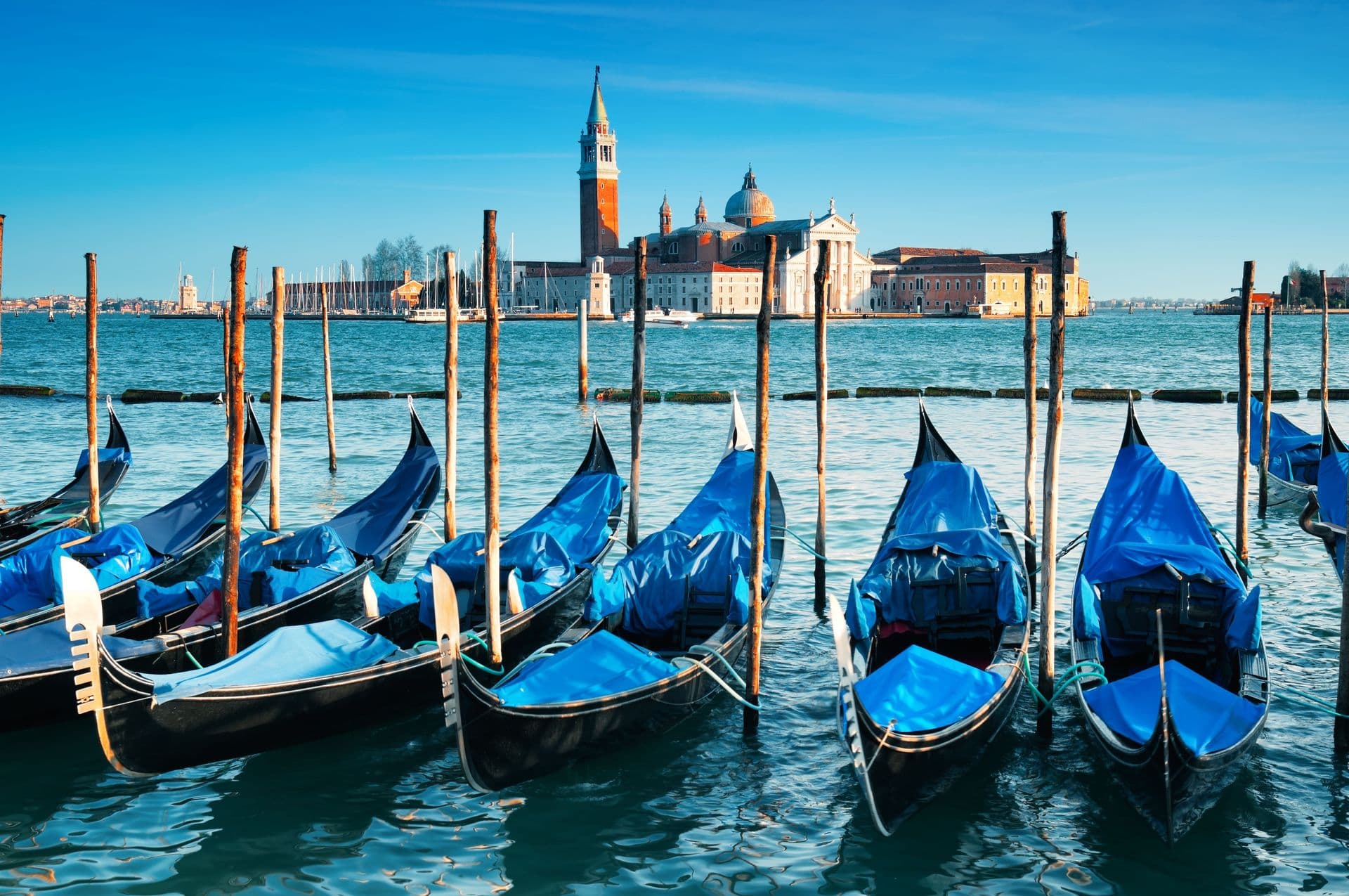 San Giorgio Maggiore church and gondolas in Venice - Italy